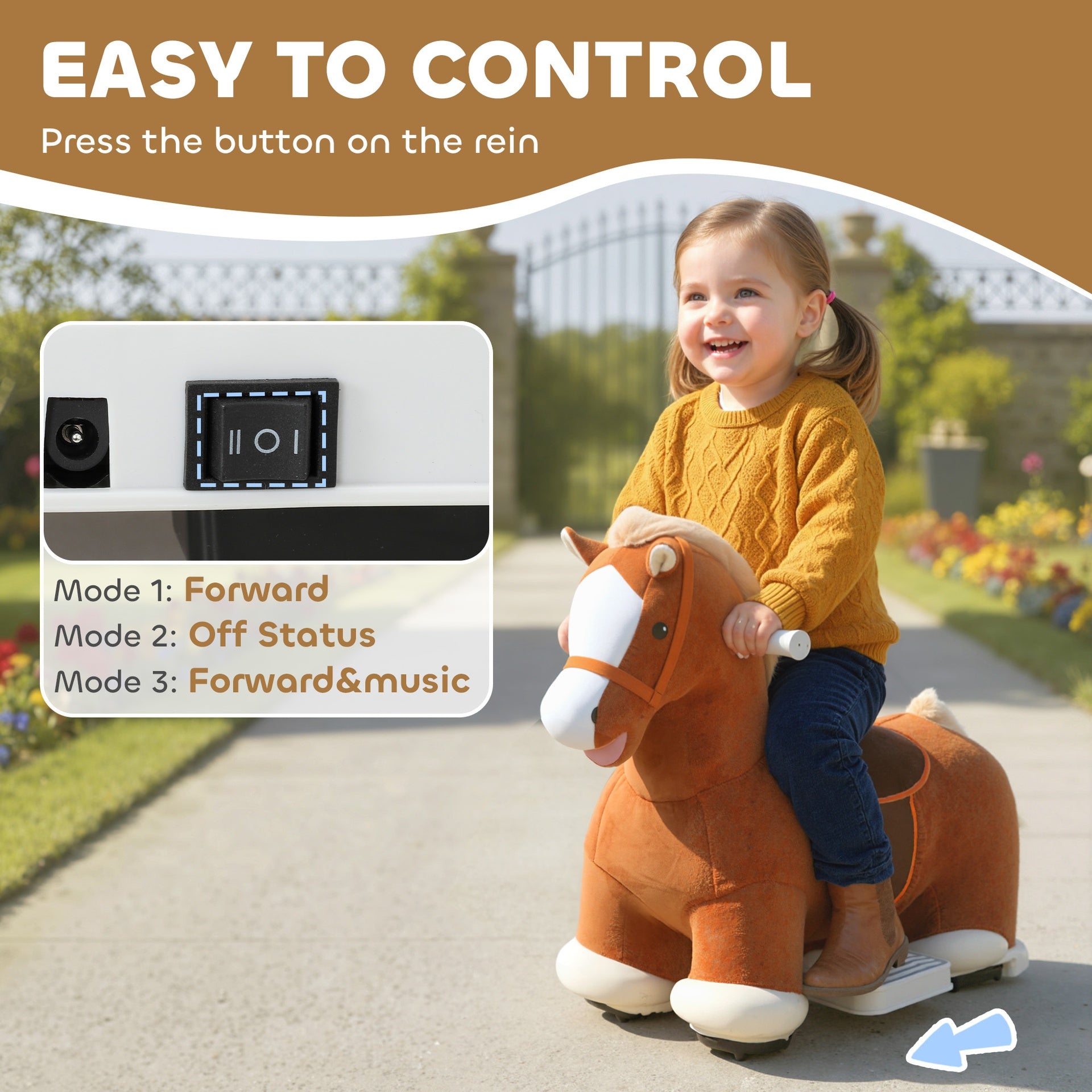 Qaba 6V Battery Powered Ride on Horse with Music, Forward, Foot Pedal, Soft Touch, Washable Cover, for 1.5-5 Years Old