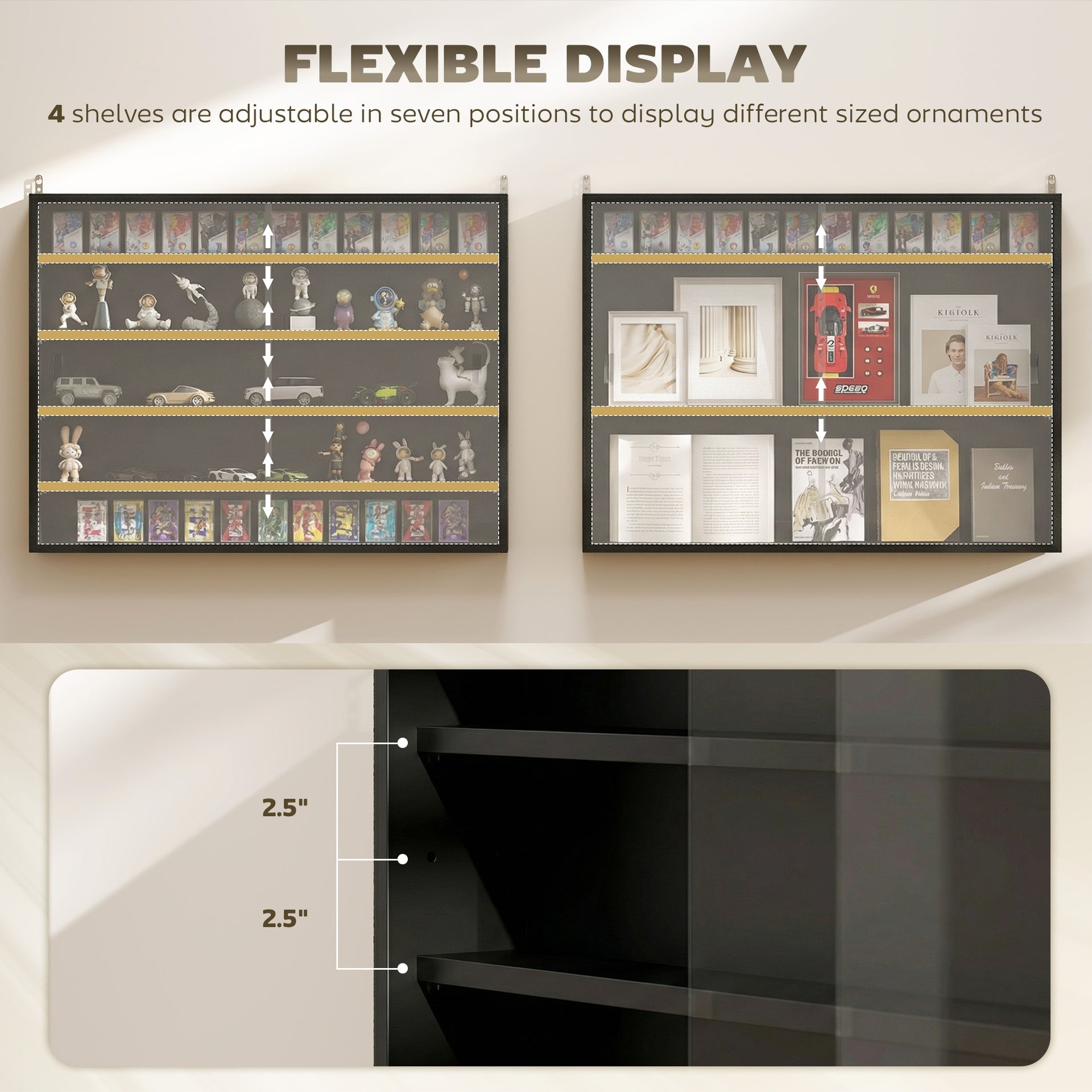 HOMCOM 5-Tier Display Cabinet, Wall-Mounted Display Case with 2 Glass Doors and Adjustable Shelves, Jet Black