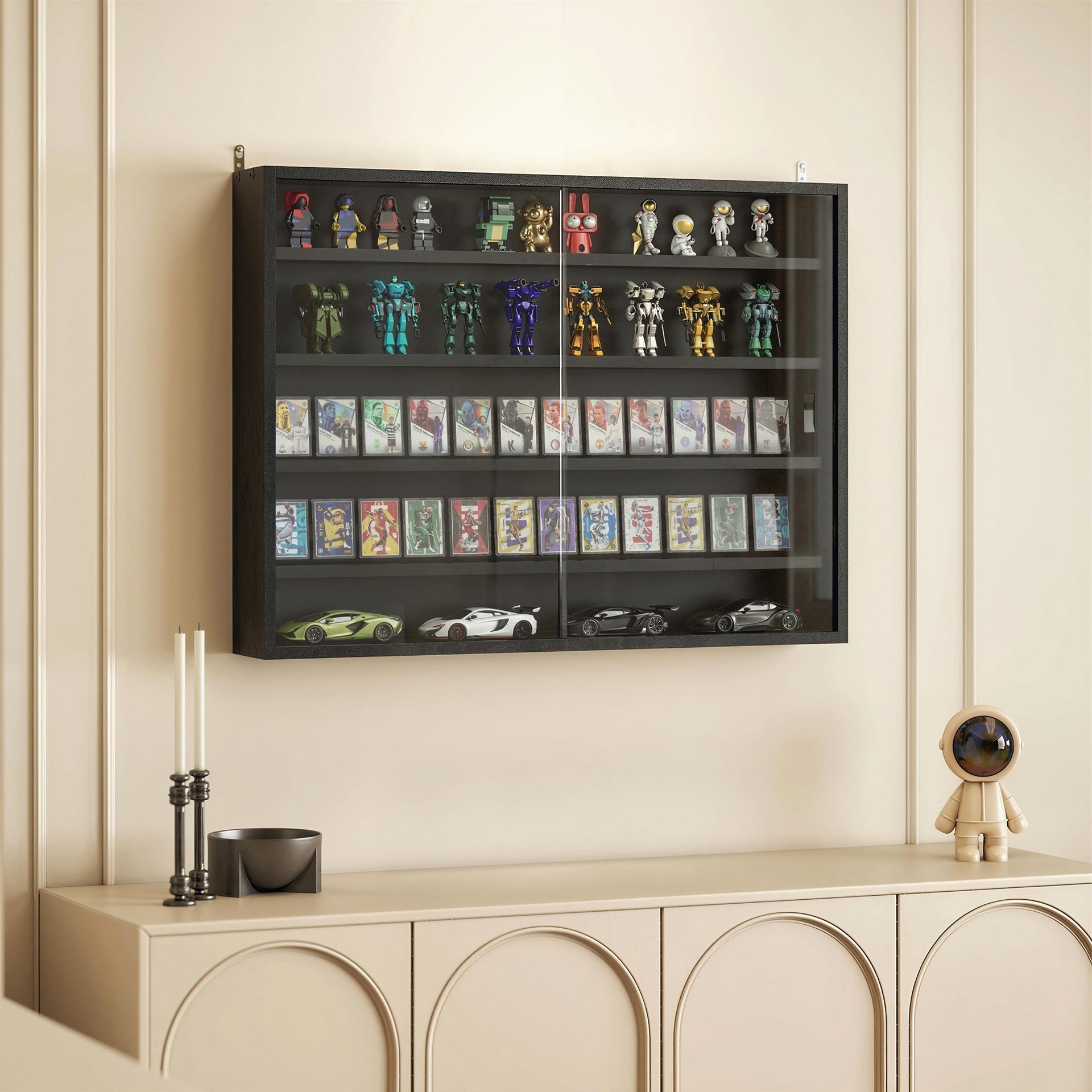 HOMCOM 5-Tier Display Cabinet, Wall-Mounted Display Case with 2 Glass Doors and Adjustable Shelves, Jet Black