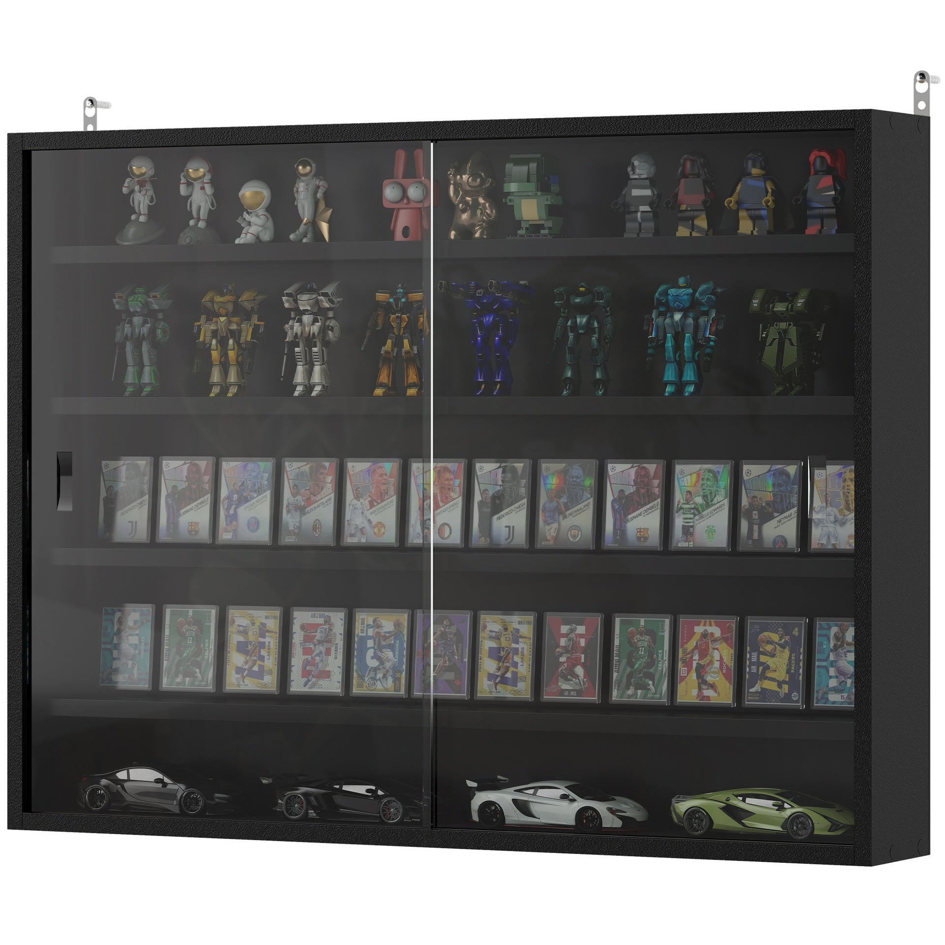 HOMCOM 5-Tier Display Cabinet, Wall-Mounted Display Case with 2 Glass Doors and Adjustable Shelves, Jet Black