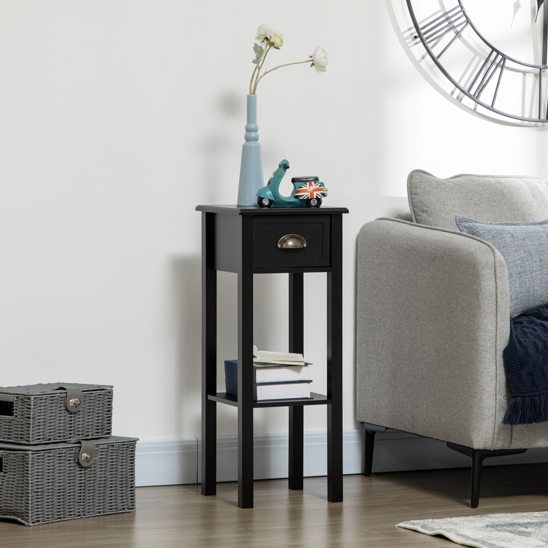 HOMCOM 2-Tier Nightstand, Side Table with Drawer and Shelf for Living Room or Bedroom, Set of 2, Black