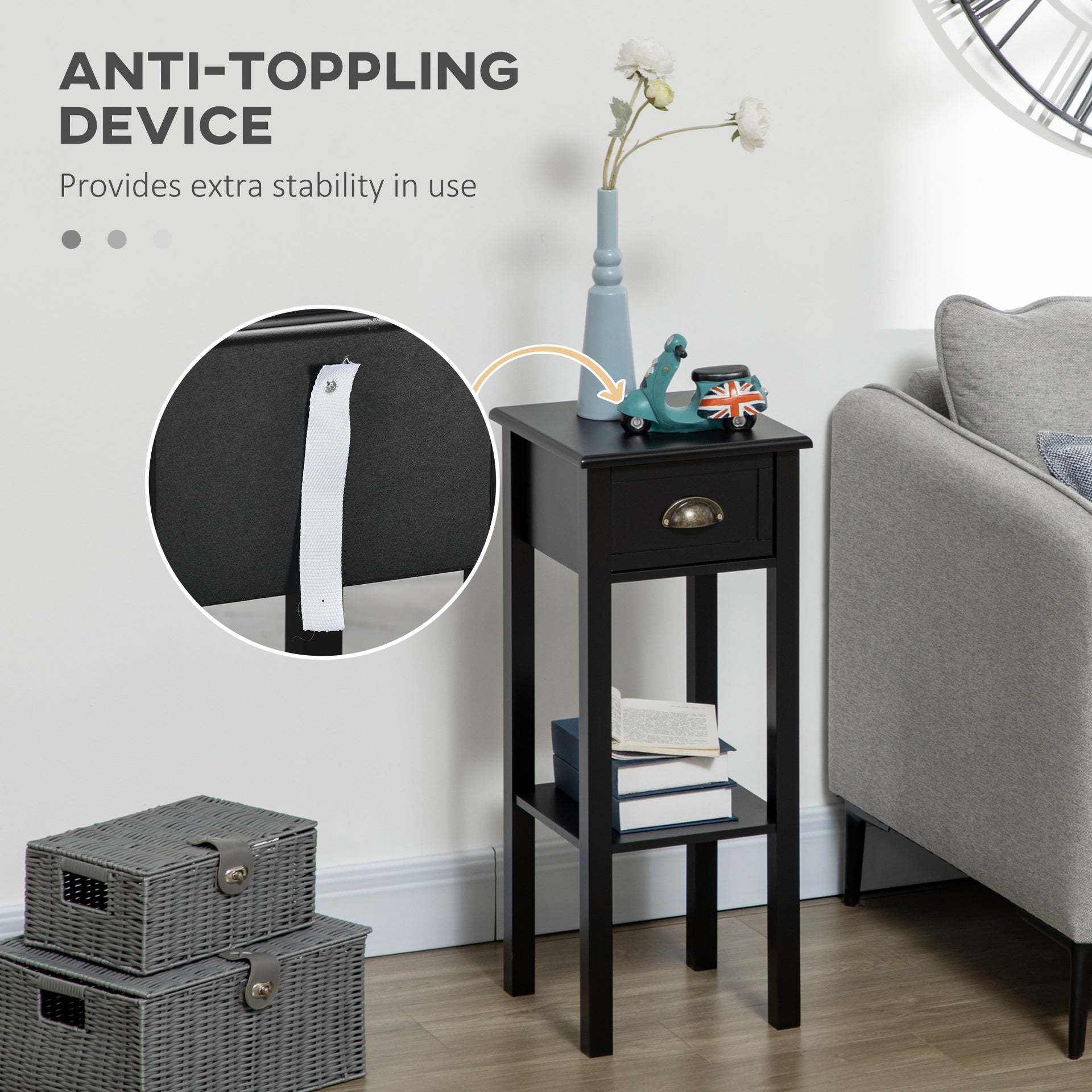 HOMCOM 2-Tier Nightstand, Side Table with Drawer and Shelf for Living Room or Bedroom, Set of 2, Black