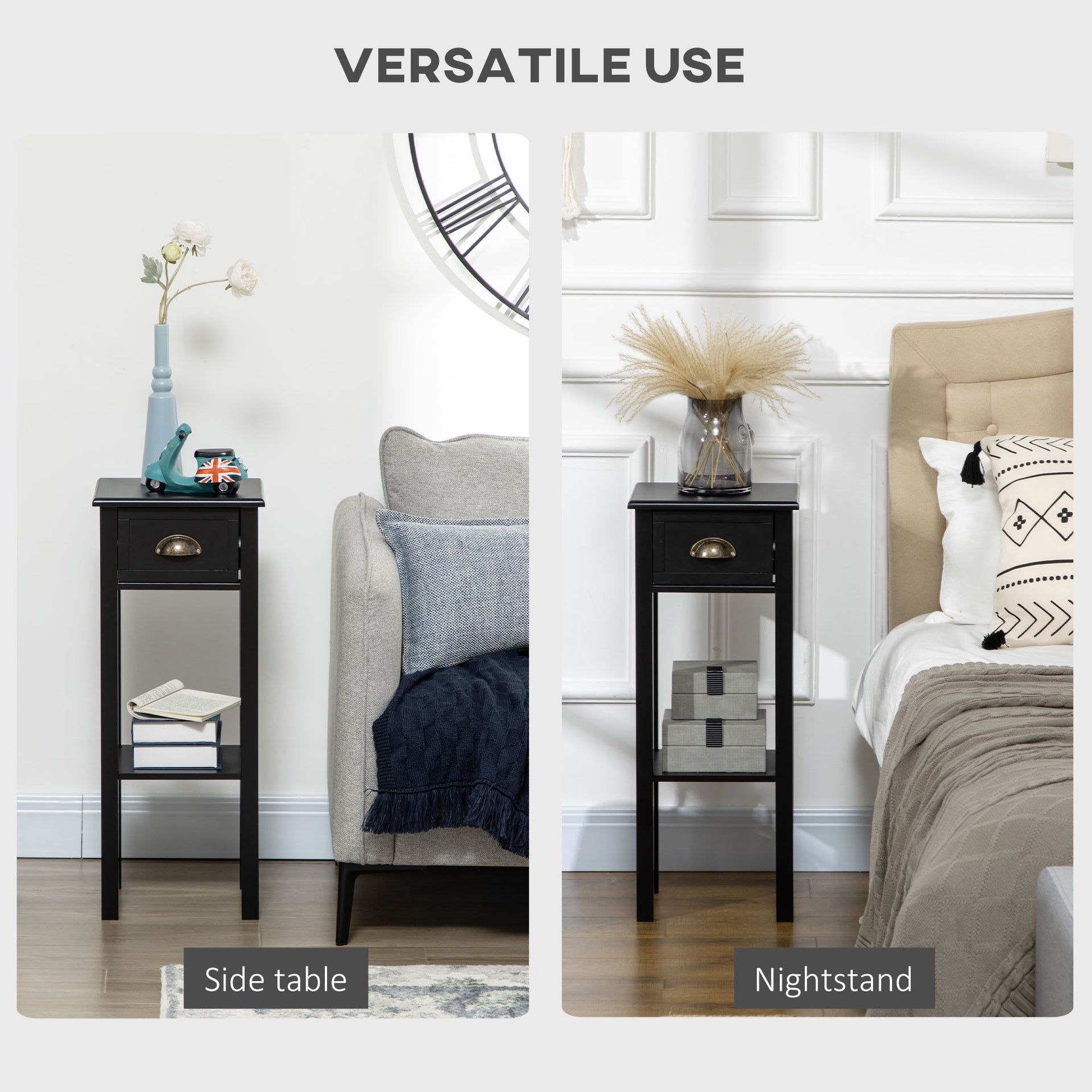 HOMCOM 2-Tier Nightstand, Side Table with Drawer and Shelf for Living Room or Bedroom, Set of 2, Black