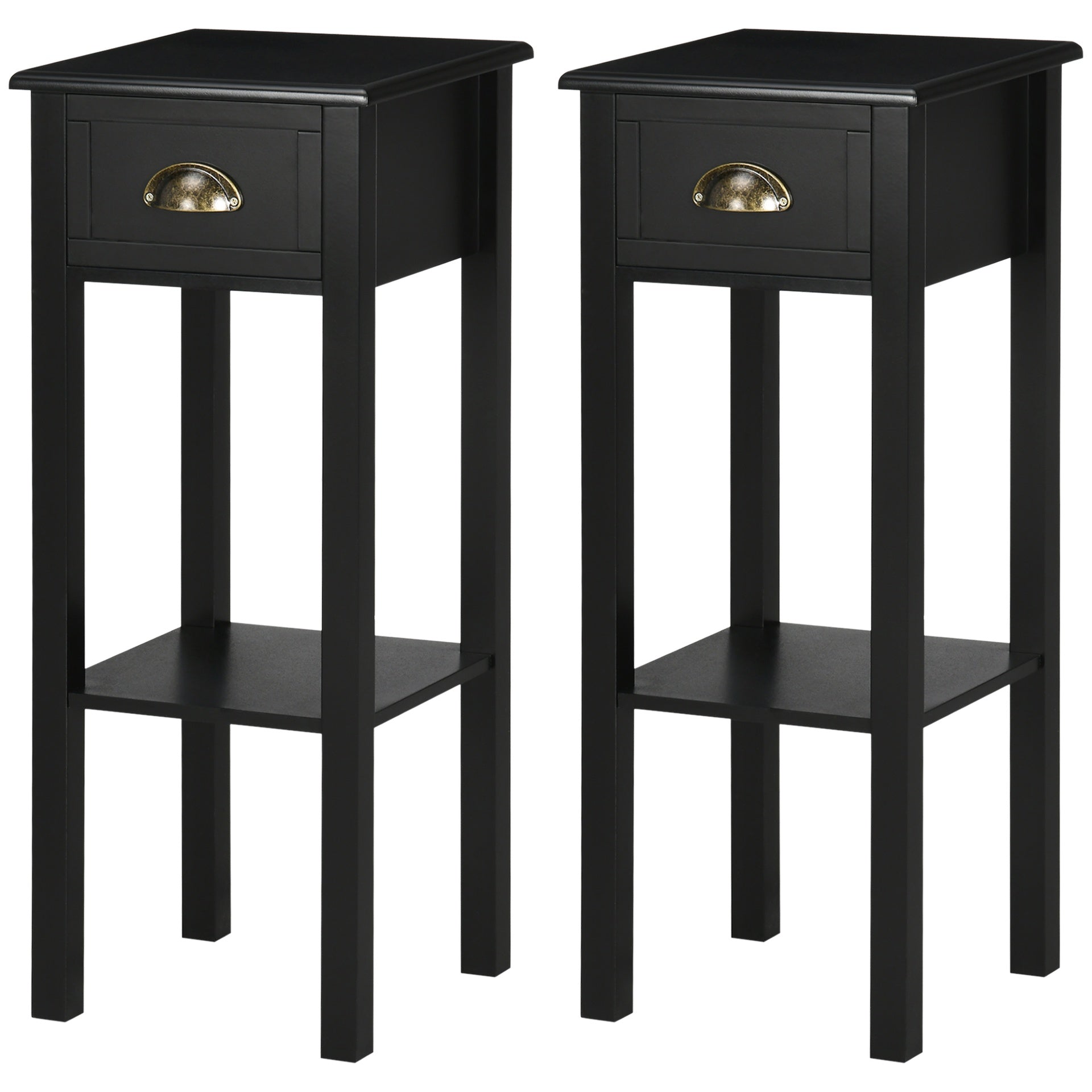 HOMCOM 2-Tier Nightstand, Side Table with Drawer and Shelf for Living Room or Bedroom, Set of 2, Black