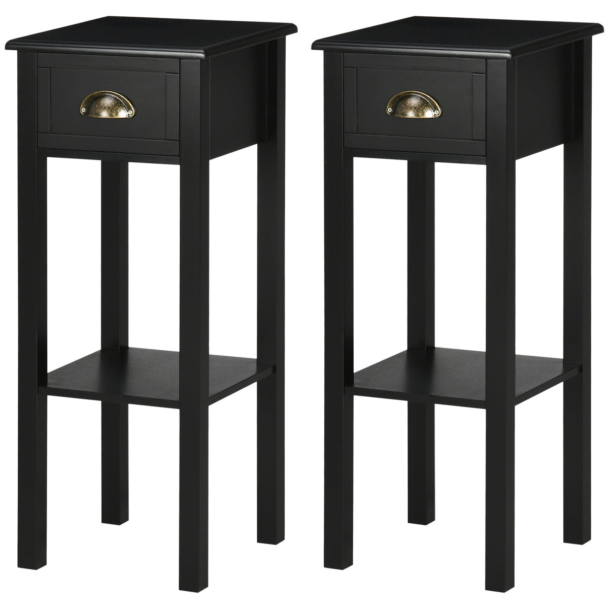 HOMCOM 2-Tier Nightstand, Side Table with Drawer and Shelf for Living Room or Bedroom, Set of 2, Black