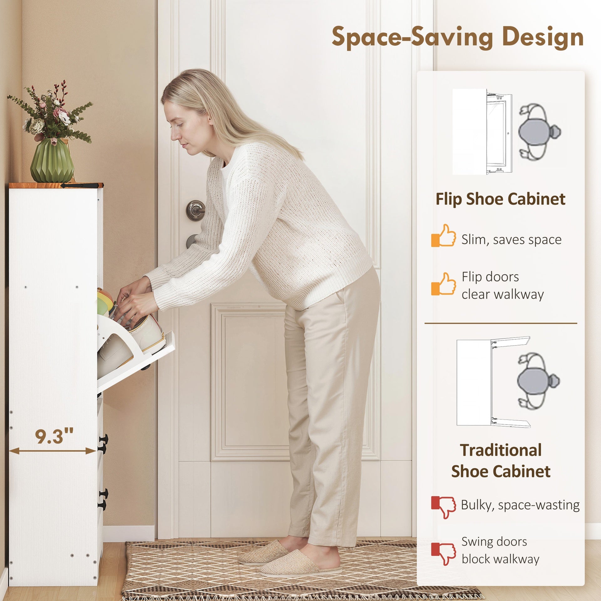 HOMCOM Shoe Cabinet with 2 Flip Drawers, Narrow Shoe Storage Cabinet, White