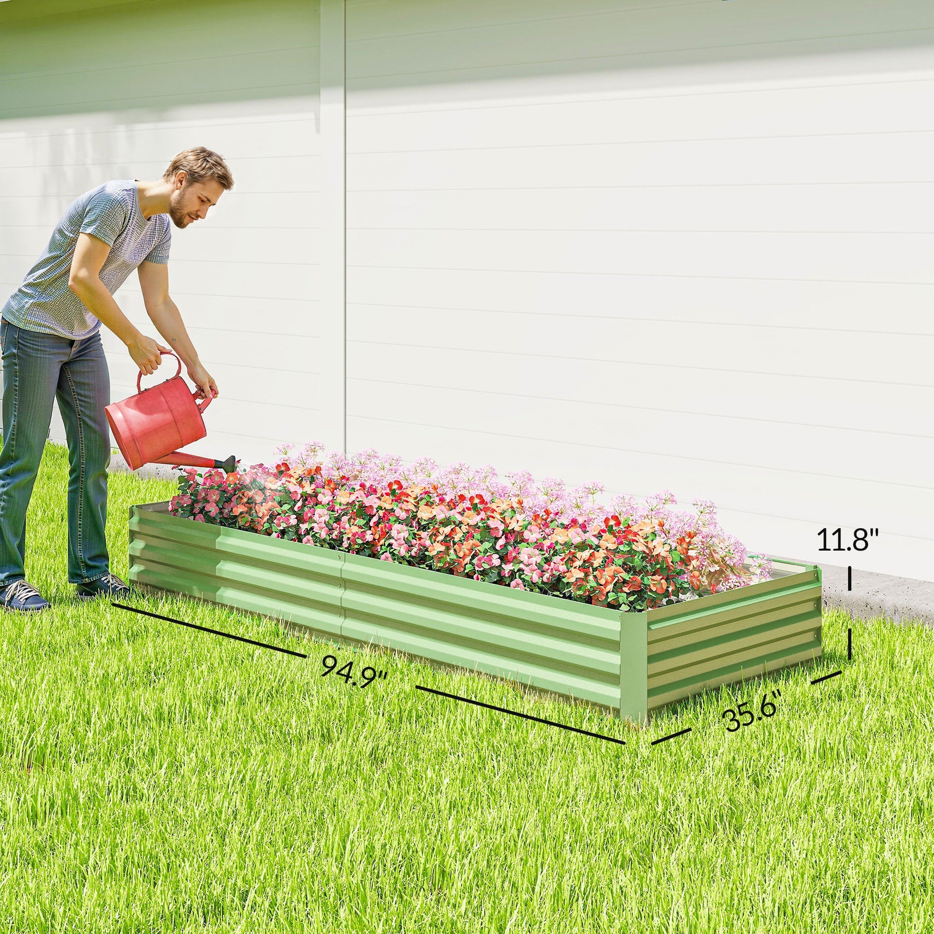 Outsunny 8x3x1FT Galvanized Raised Garden Bed, Easy DIY and Cleaning for Growing Flowers, Herbs, Succulents, Light Green