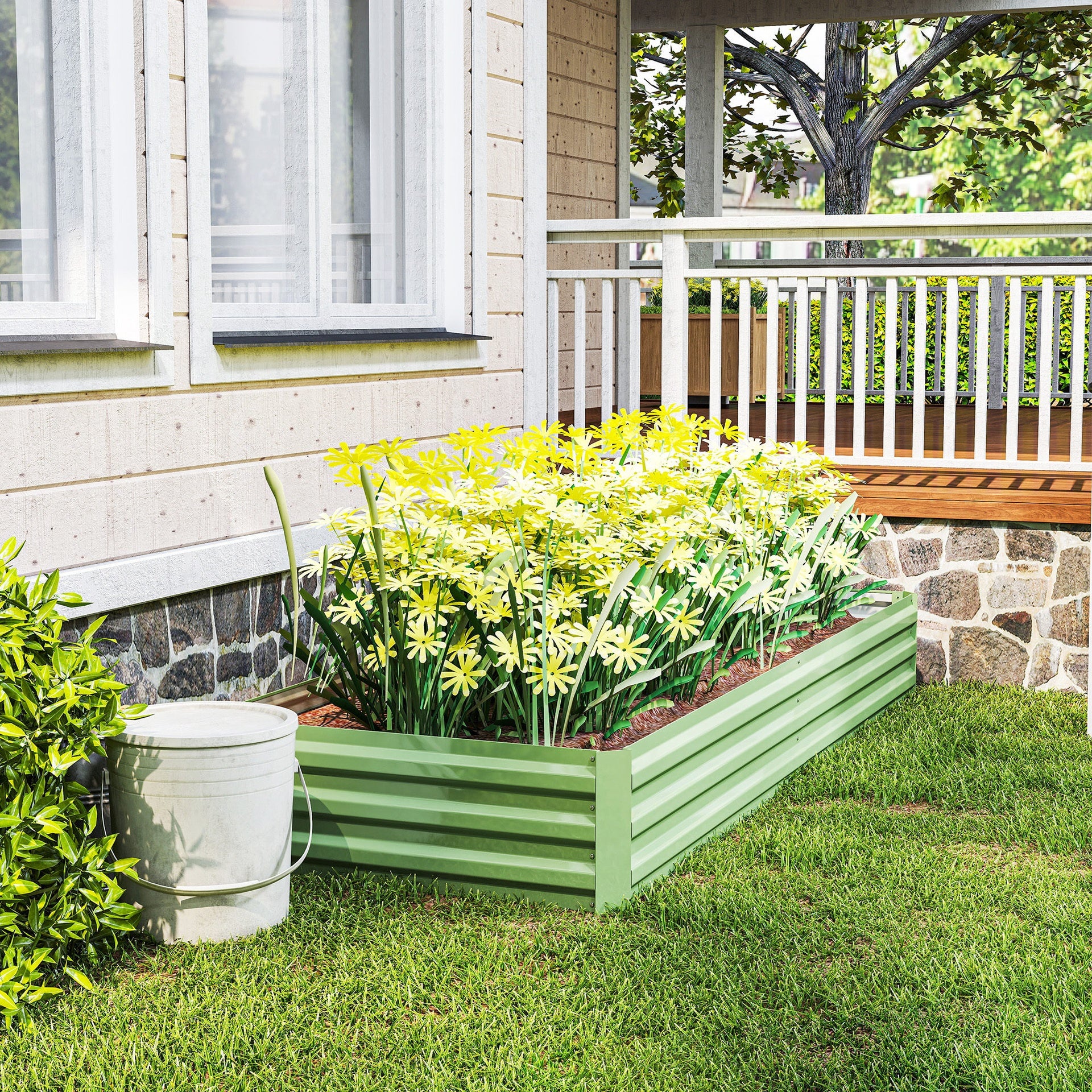 Outsunny 8x3x1FT Galvanized Raised Garden Bed, Easy DIY and Cleaning for Growing Flowers, Herbs, Succulents, Light Green