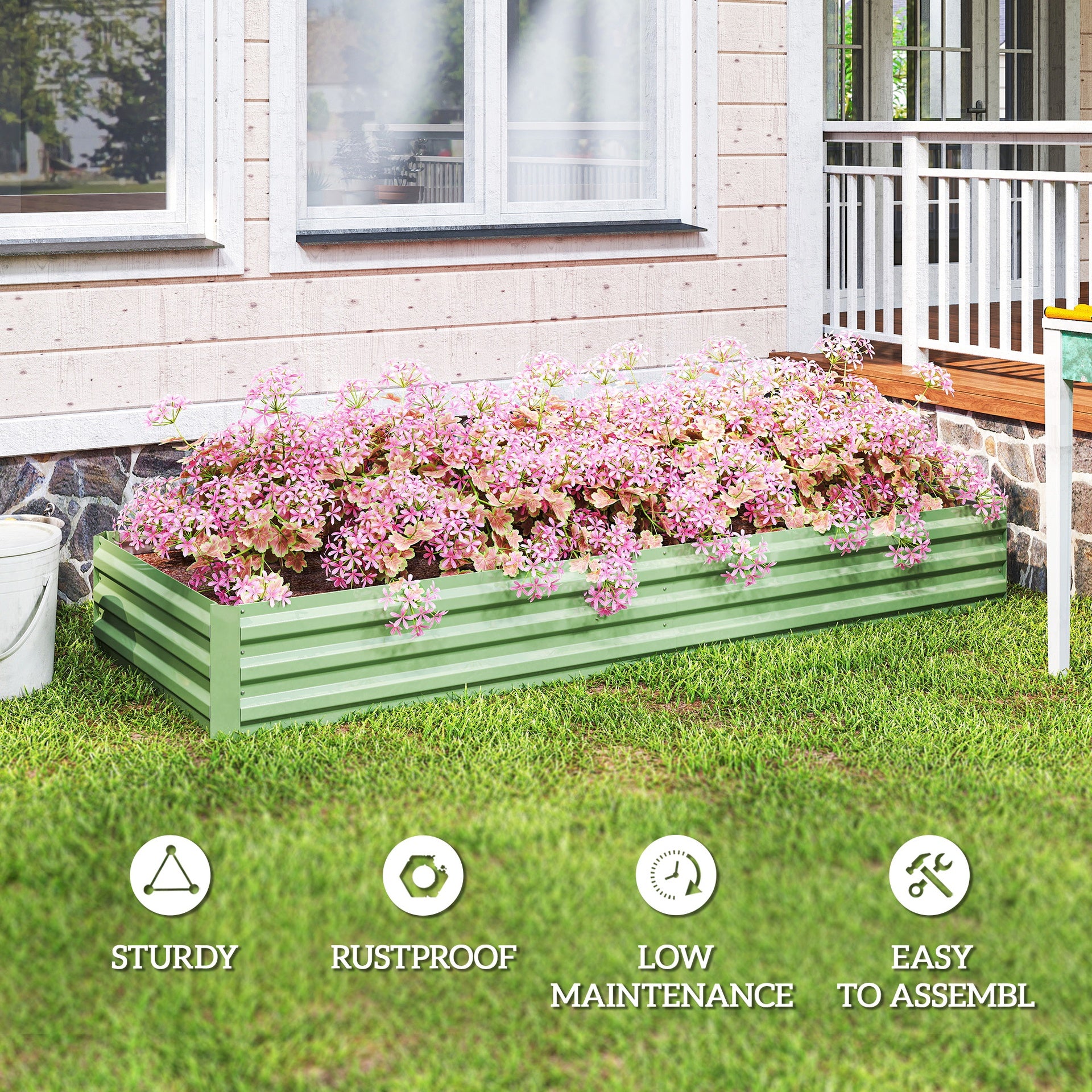 Outsunny 8x3x1FT Galvanized Raised Garden Bed, Easy DIY and Cleaning for Growing Flowers, Herbs, Succulents, Light Green