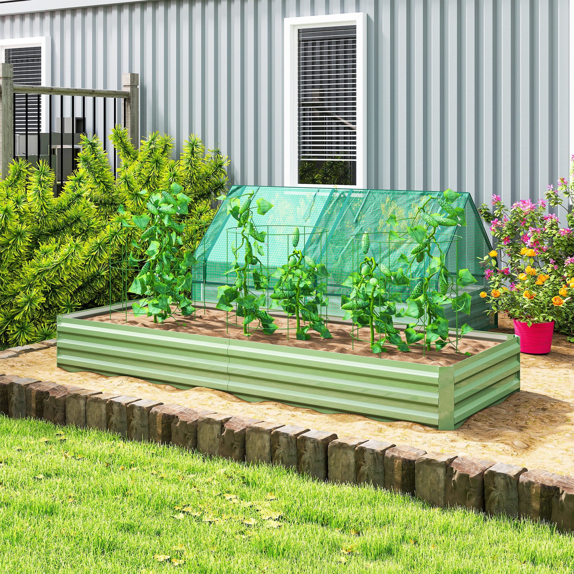 Outsunny 8x3x1FT Galvanized Raised Garden Bed, Easy DIY and Cleaning for Growing Flowers, Herbs, Succulents, Light Green