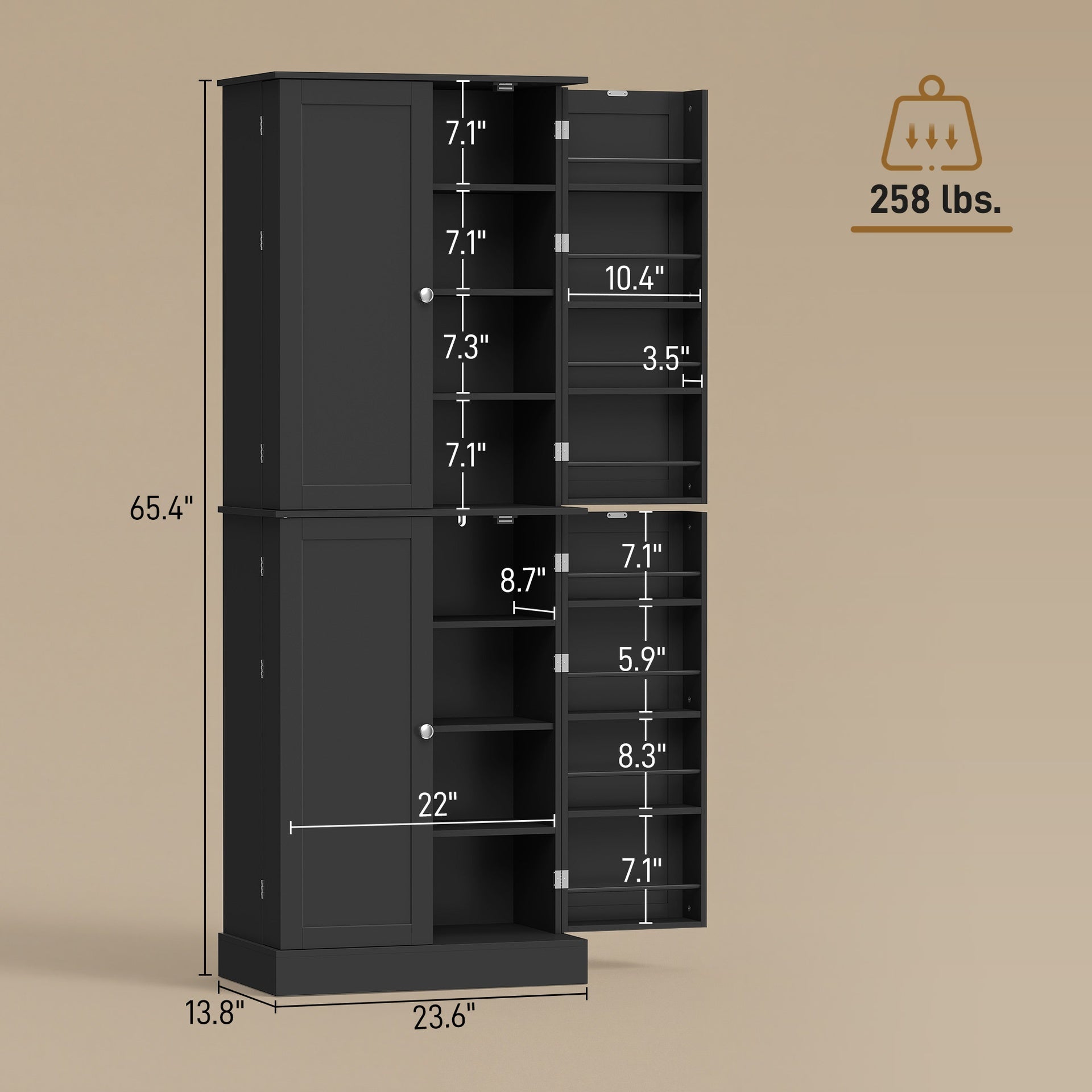 HOMCOM 65" Kitchen Cabinet, Kitchen Pantry Cabinet with 4 Doors and 16 Door Shelves for Dining Room, Black