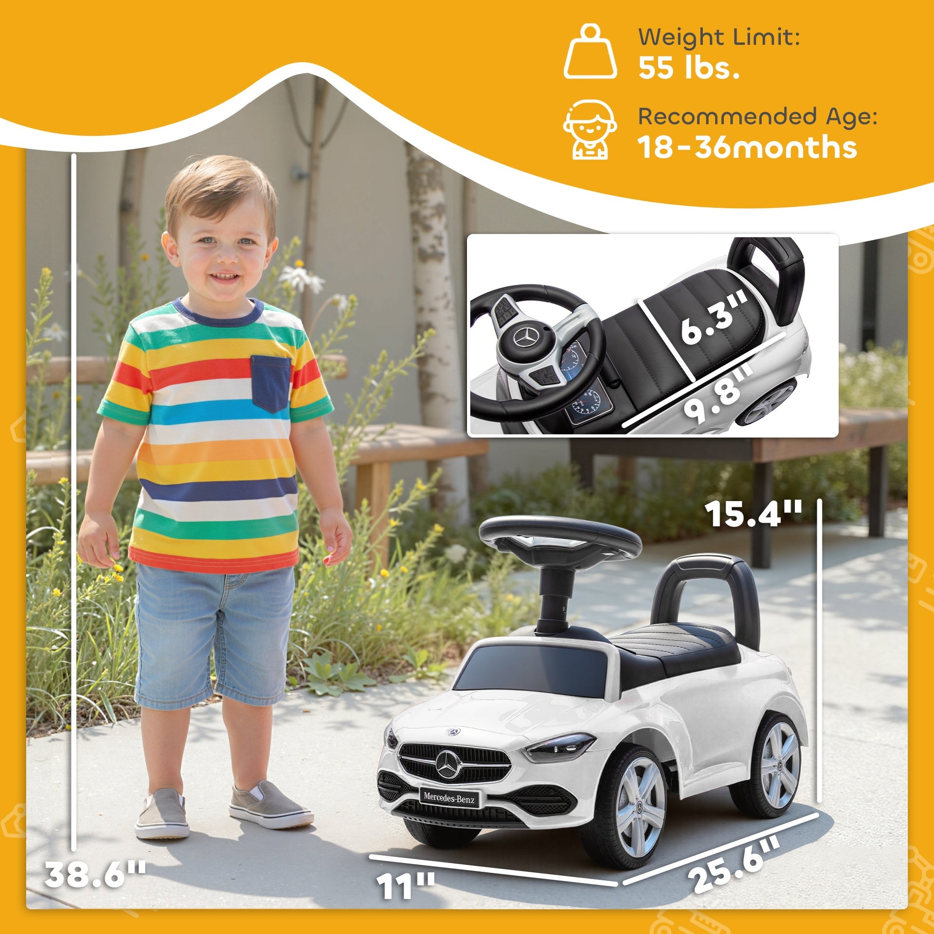 Qaba Mercedes-Benz C-Class Licensed Kids Ride On Car, Foot-to-Floor Toy with Anti-Tip Design, Horn & Start Sound, White