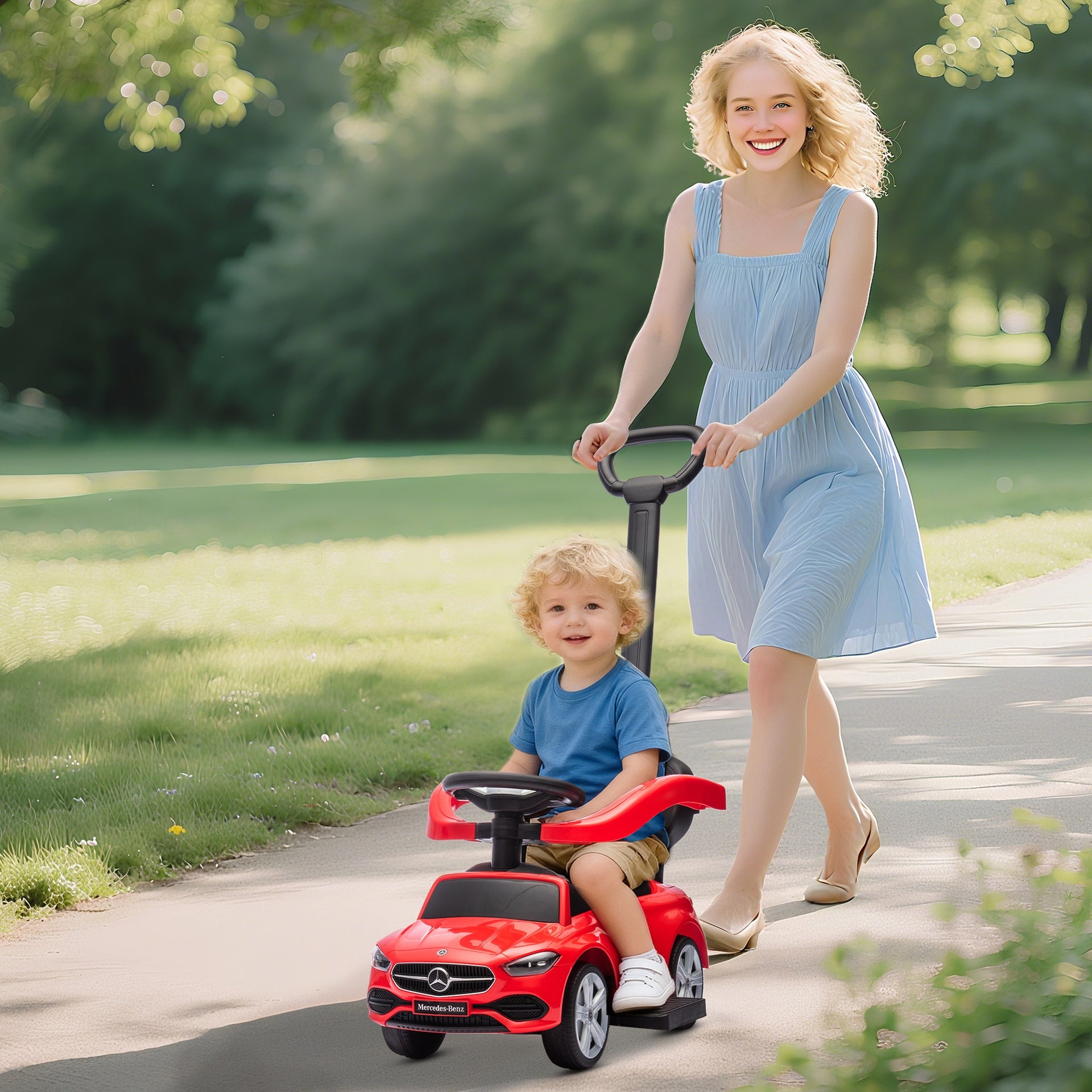 Qaba Mercedes-Benz C-Class Licensed Ride-On Push Car, Baby Stroller Walking Car with Parent Control Handle, Horn, Red