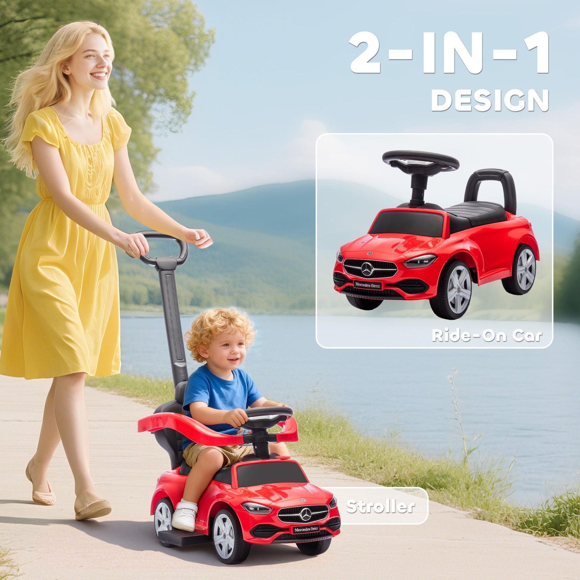 Qaba Mercedes-Benz C-Class Licensed Ride-On Push Car, Baby Stroller Walking Car with Parent Control Handle, Horn, Red