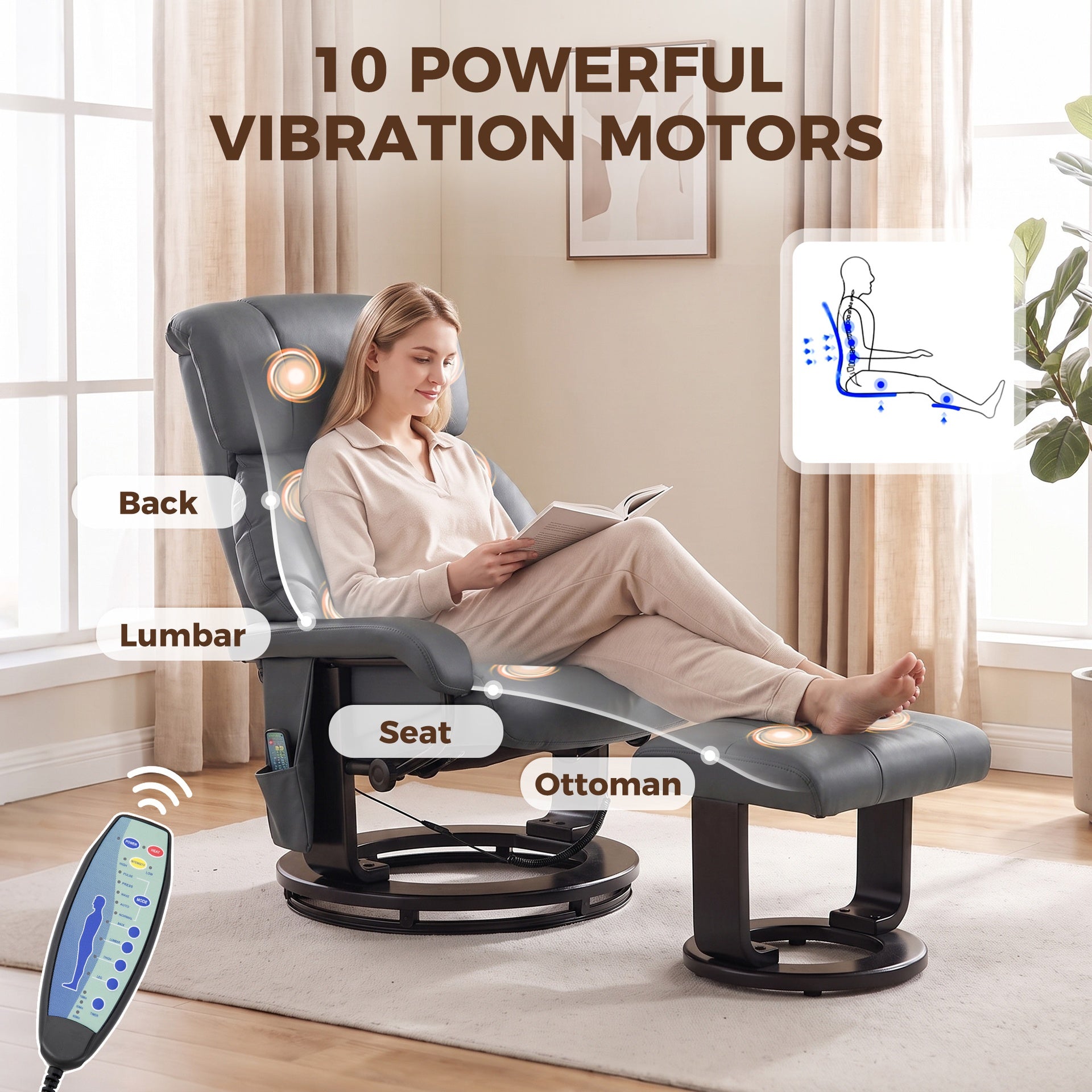 HOMCOM Massage Recliner Chair with Ottoman, 360° Swivel Recliner and Footstool, 10-Point Vibration, Gray