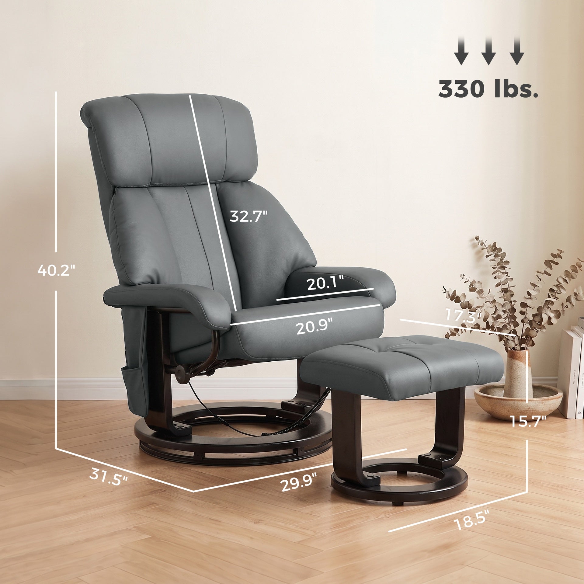HOMCOM Massage Recliner Chair with Ottoman, 360° Swivel Recliner and Footstool, 10-Point Vibration, Gray