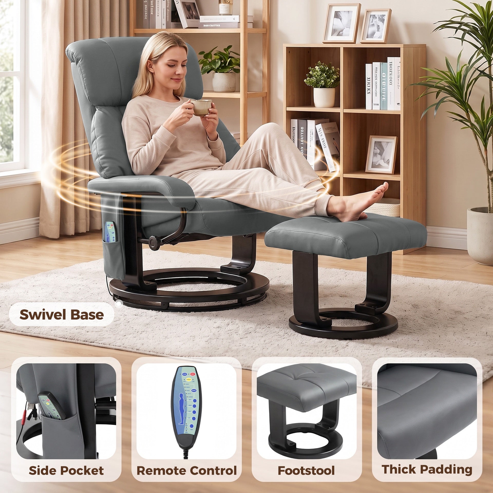 HOMCOM Massage Recliner Chair with Ottoman, 360° Swivel Recliner and Footstool, 10-Point Vibration, Gray