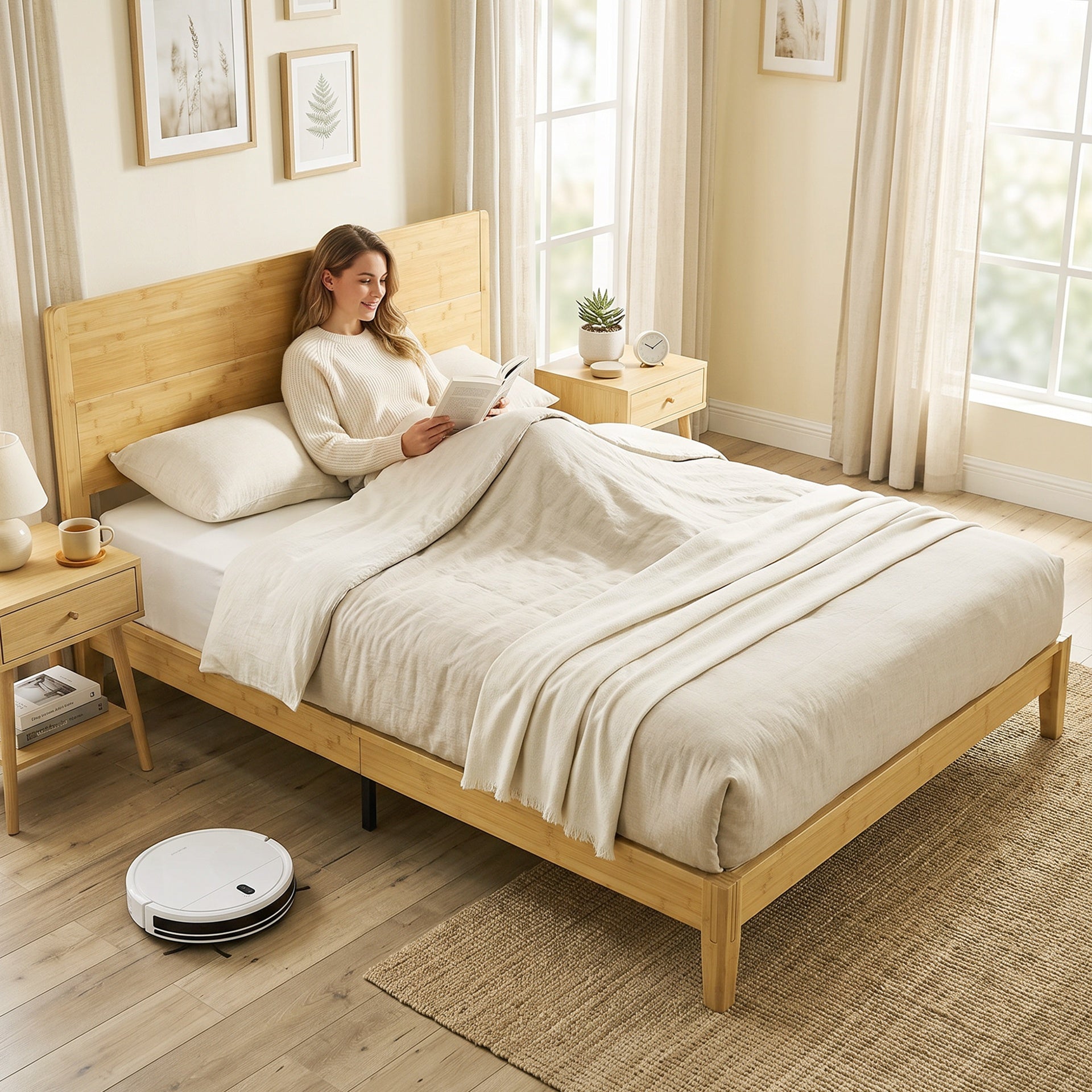 HOMCOM Queen Size Bamboo Platform Bed Frame with Headboard and 12 Poplar Slats, No Box Spring Needed, Easy Assembly, Natural