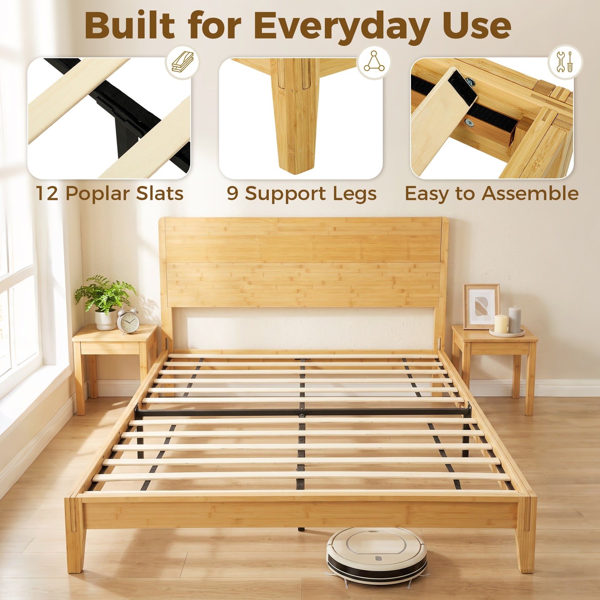 HOMCOM Queen Size Bamboo Platform Bed Frame with Headboard and 12 Poplar Slats, No Box Spring Needed, Easy Assembly, Natural