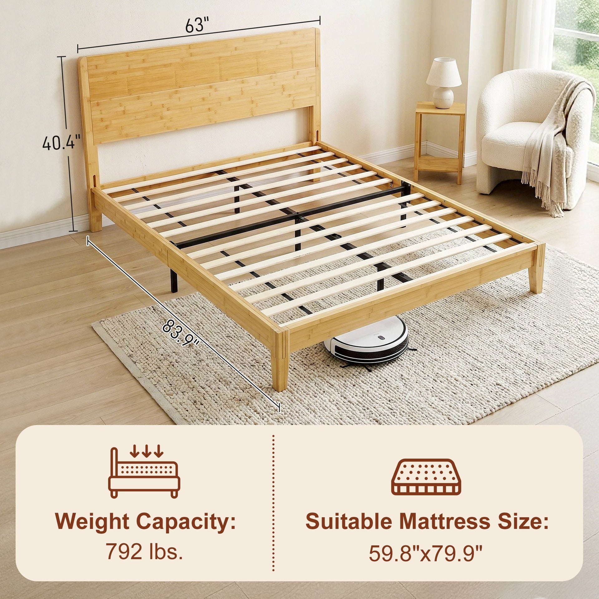 HOMCOM Queen Size Bamboo Platform Bed Frame with Headboard and 12 Poplar Slats, No Box Spring Needed, Easy Assembly, Natural