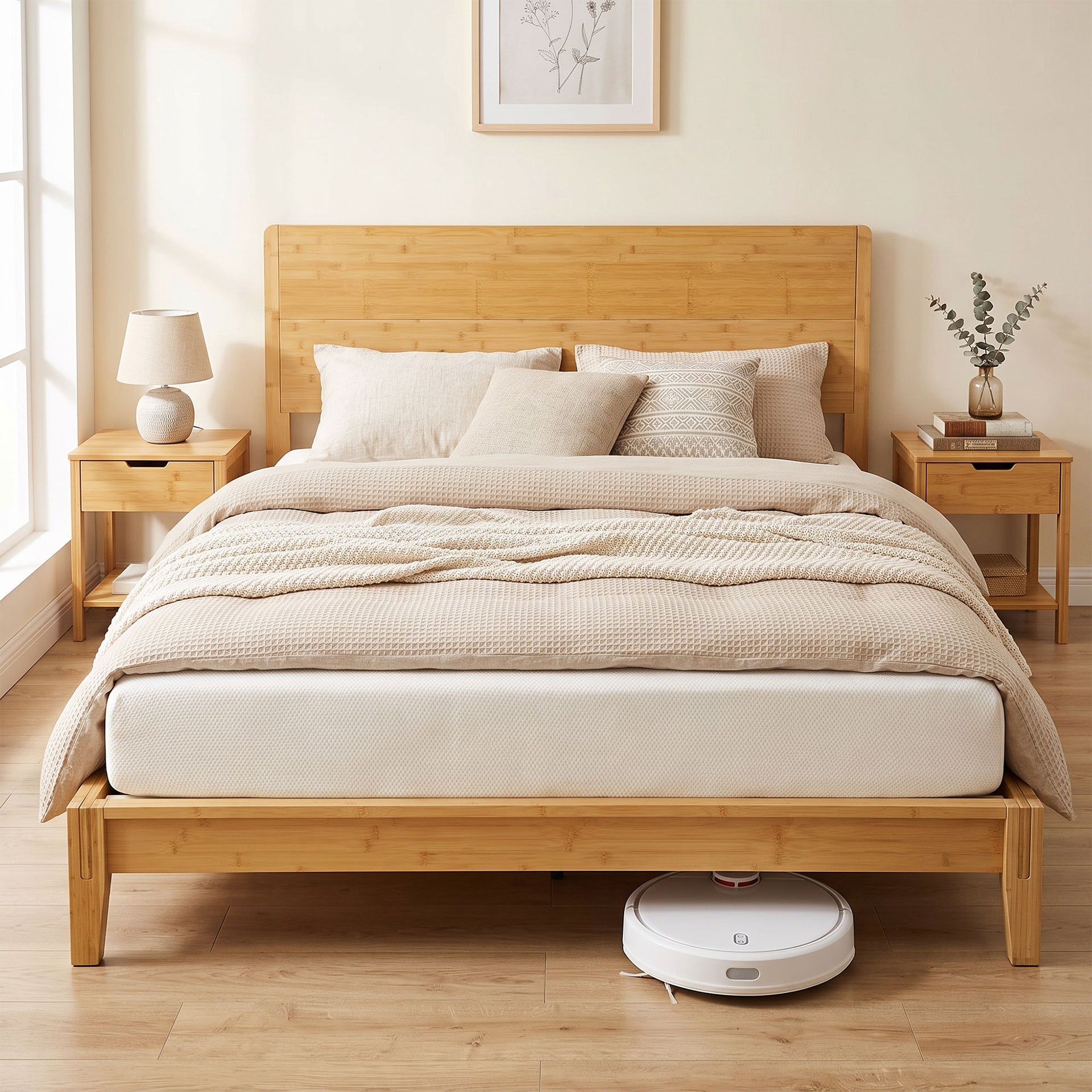 HOMCOM Queen Size Bamboo Platform Bed Frame with Headboard and 12 Poplar Slats, No Box Spring Needed, Easy Assembly, Natural