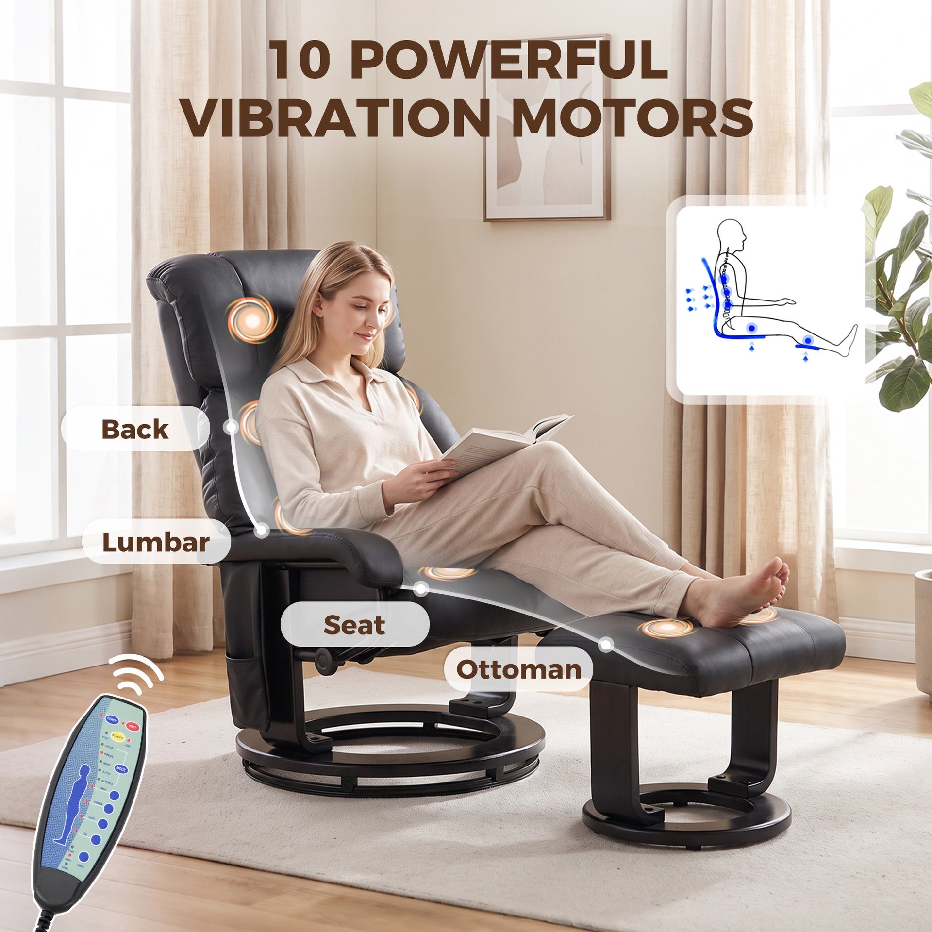 HOMCOM Massage Recliner Chair with Ottoman, 360° Swivel Recliner and Footstool, 10-Point Vibration, Black