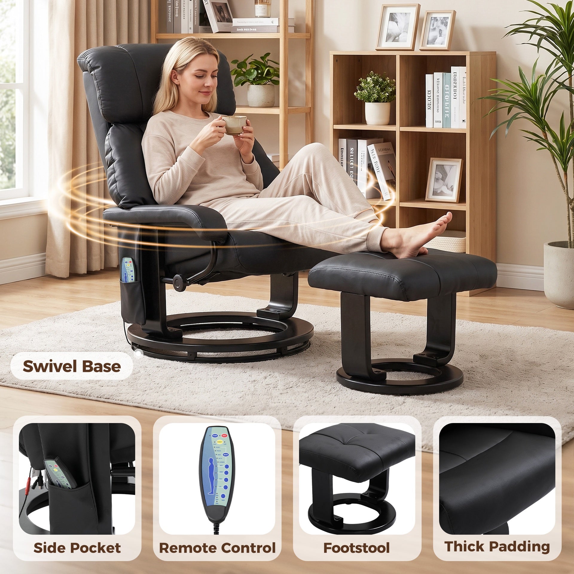 HOMCOM Massage Recliner Chair with Ottoman, 360° Swivel Recliner and Footstool, 10-Point Vibration, Black