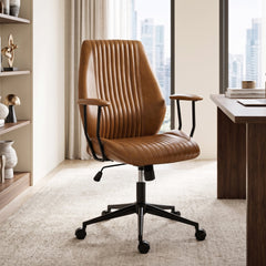 HOMCOM Leather Home Office Desk Chair, Vintage Computer Chair with Padded Arms, 360° Swivel, Adjustable Height, Tilt, Brown