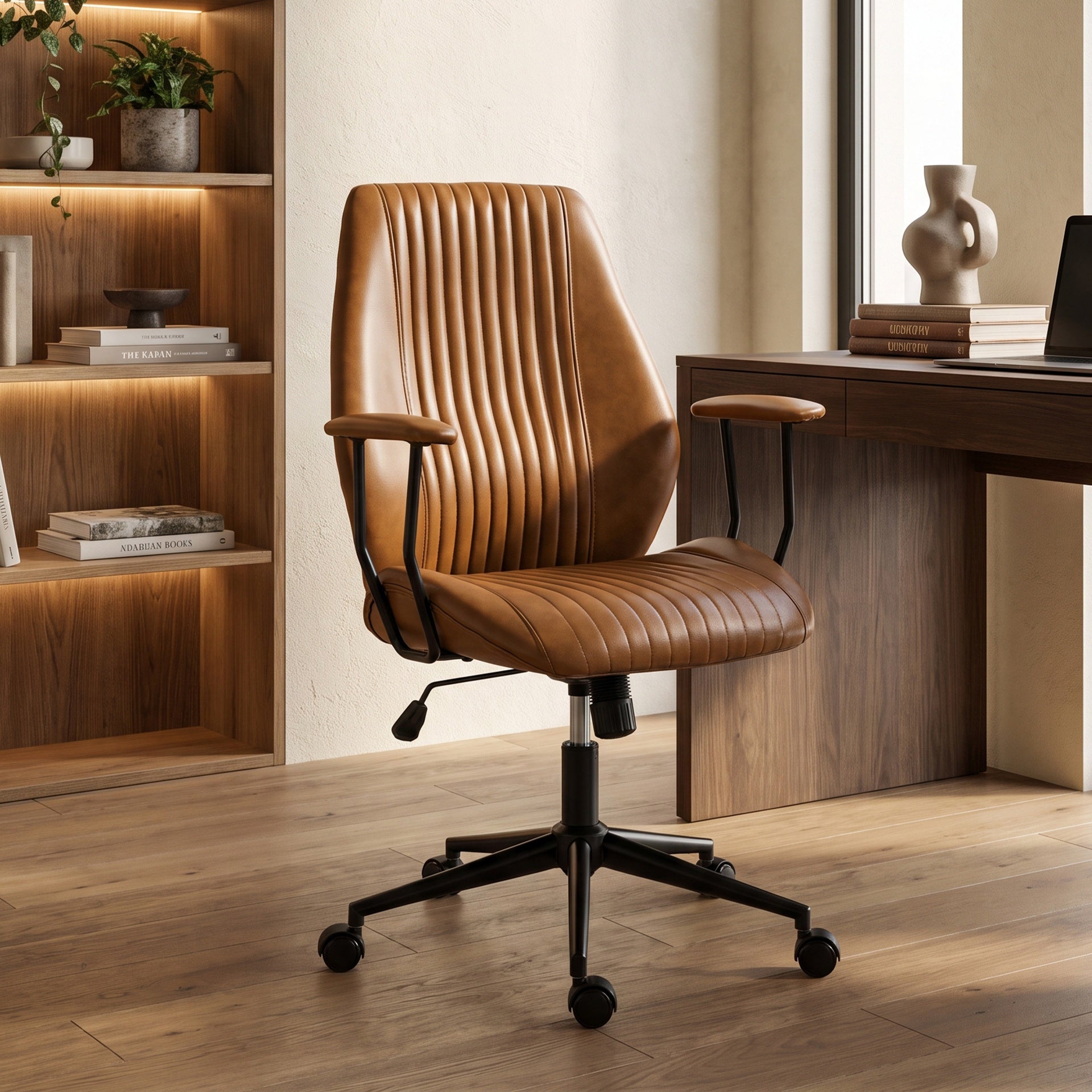 HOMCOM Leather Home Office Desk Chair, Vintage Computer Chair with Padded Arms, 360° Swivel, Adjustable Height, Tilt, Brown