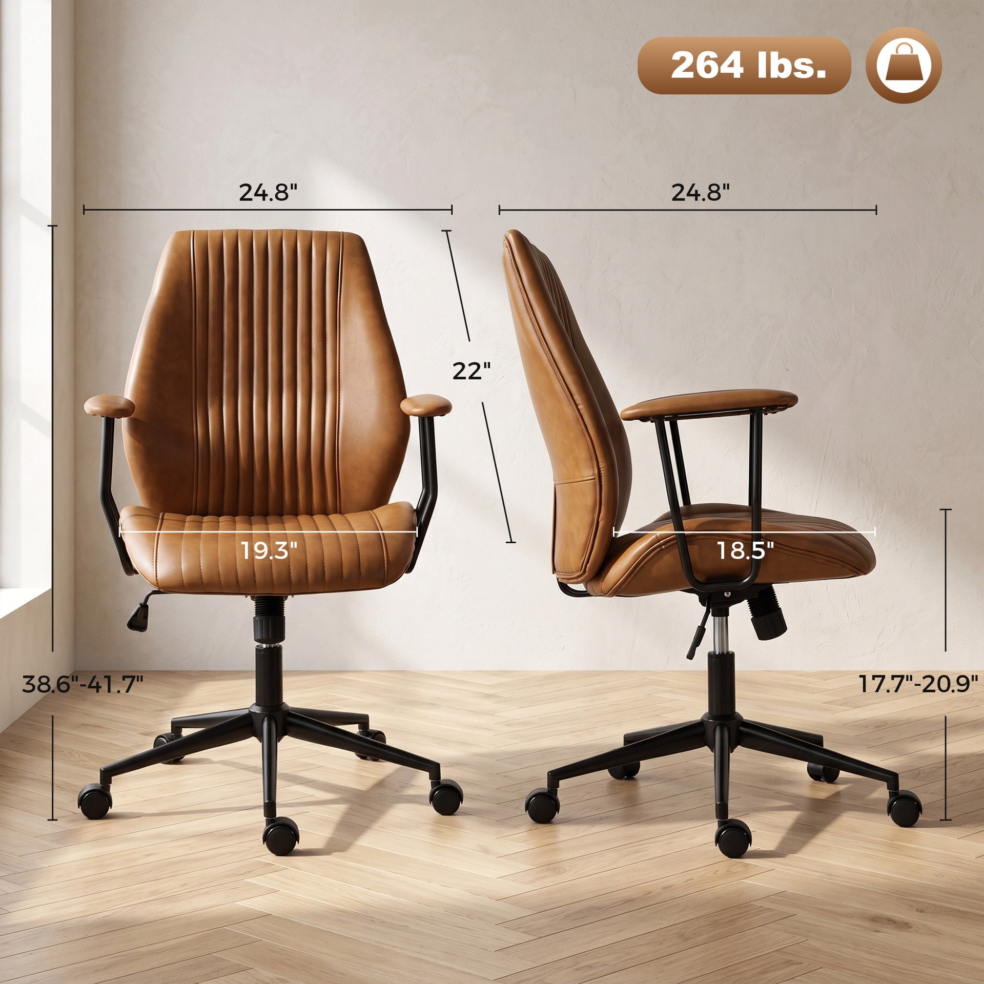 HOMCOM Leather Home Office Desk Chair, Vintage Computer Chair with Padded Arms, 360° Swivel, Adjustable Height, Tilt, Brown