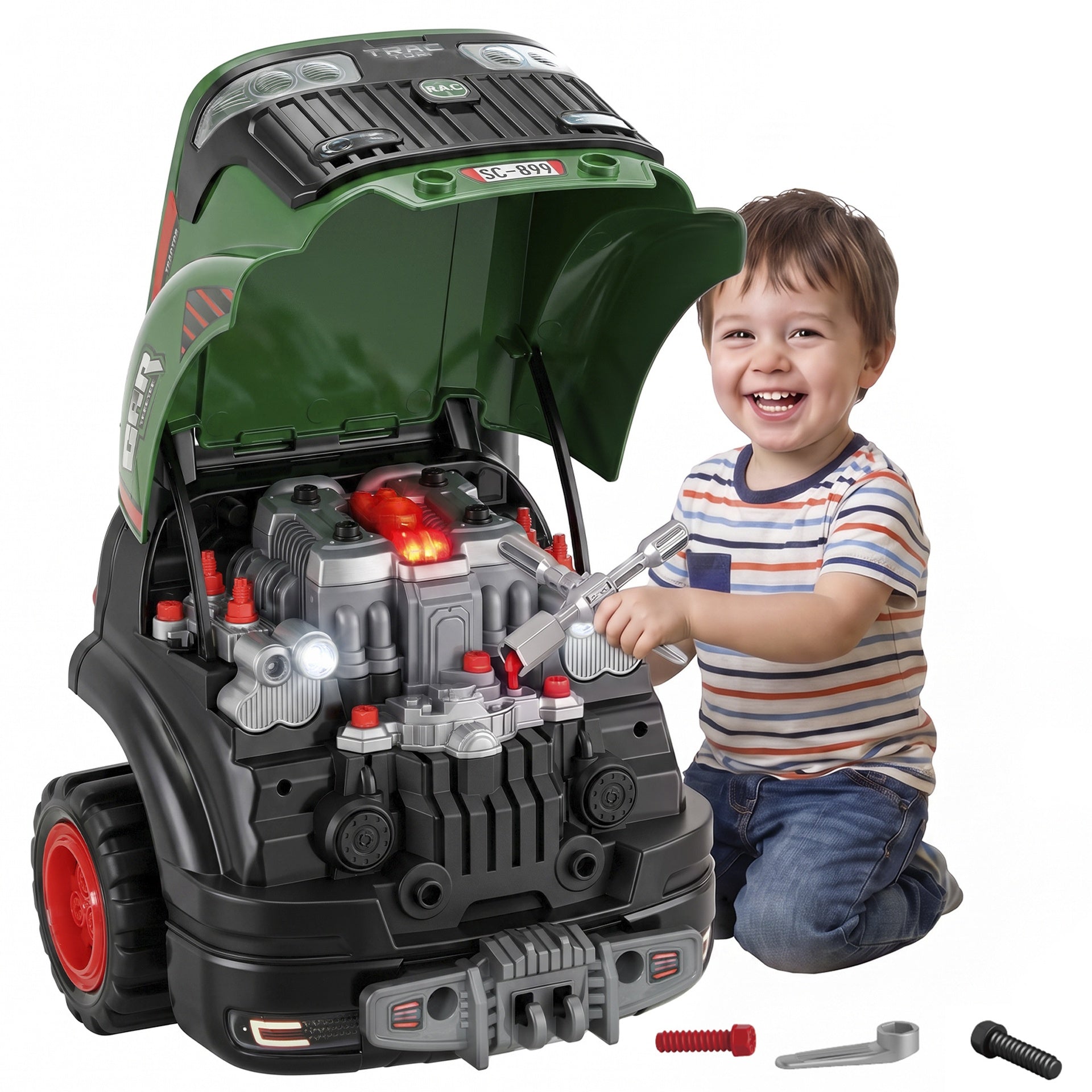 Qaba Truck Engine Toy, Kids Mechanic Repair Set with Spray, Lights, Sounds, Educational Gifts for 3-6 Years, Green