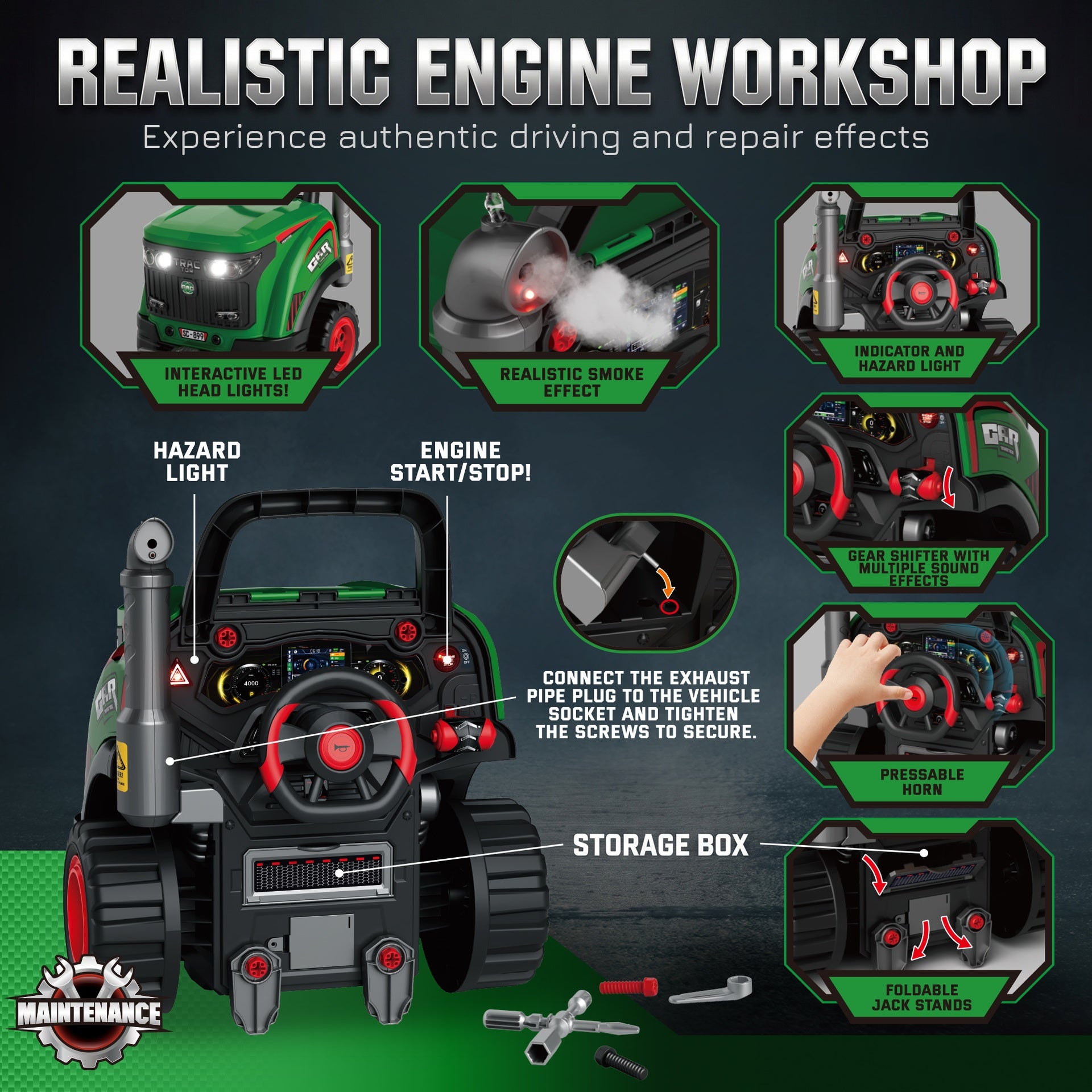 Qaba Truck Engine Toy, Kids Mechanic Repair Set with Spray, Lights, Sounds, Educational Gifts for 3-6 Years, Green