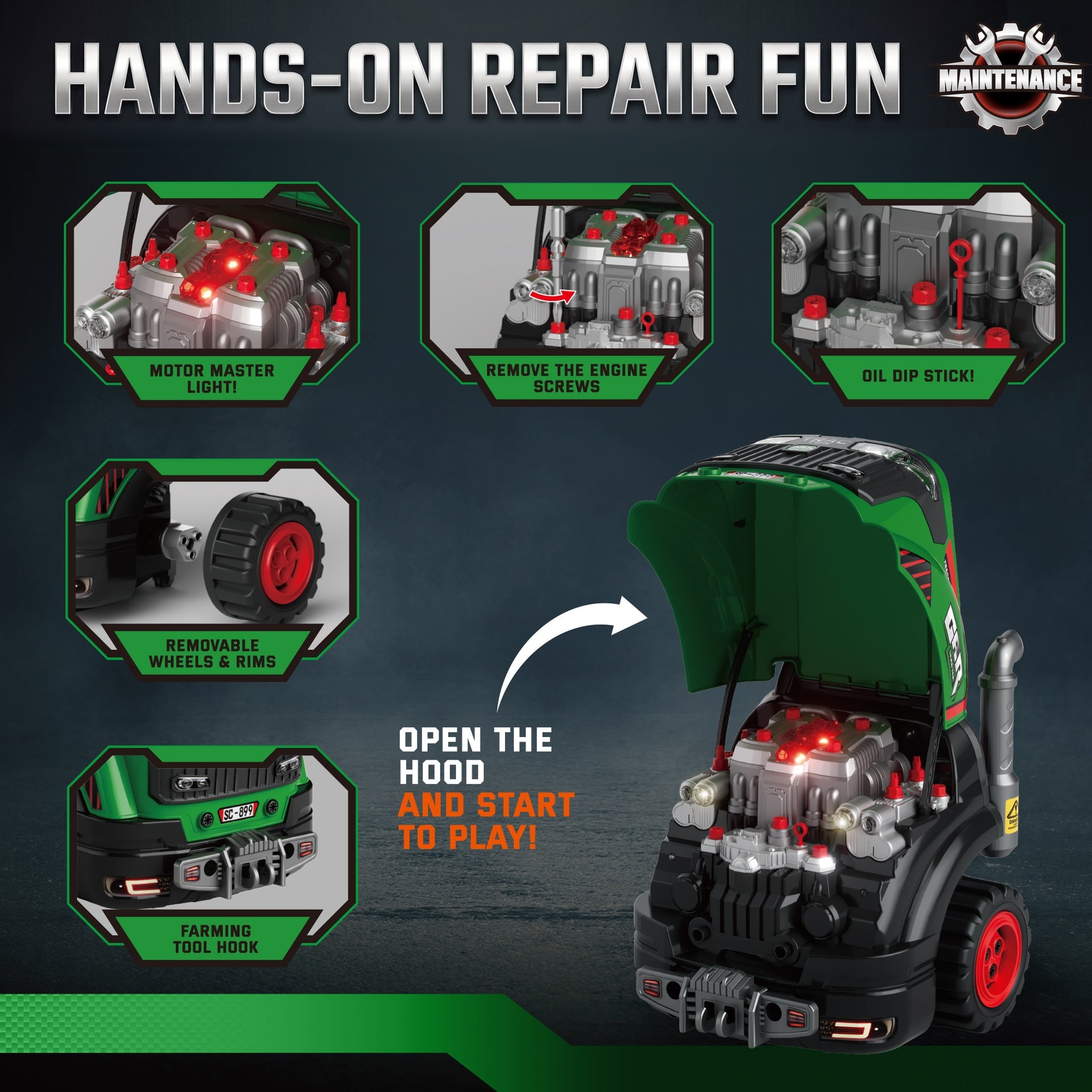 Qaba Truck Engine Toy, Kids Mechanic Repair Set with Spray, Lights, Sounds, Educational Gifts for 3-6 Years, Green