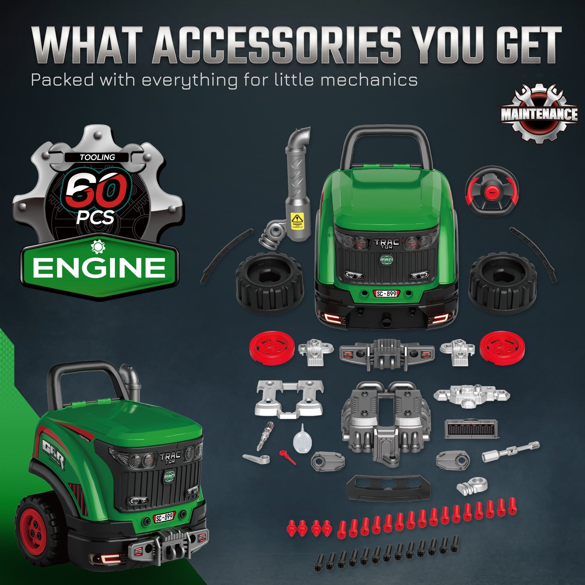 Qaba Truck Engine Toy, Kids Mechanic Repair Set with Spray, Lights, Sounds, Educational Gifts for 3-6 Years, Green