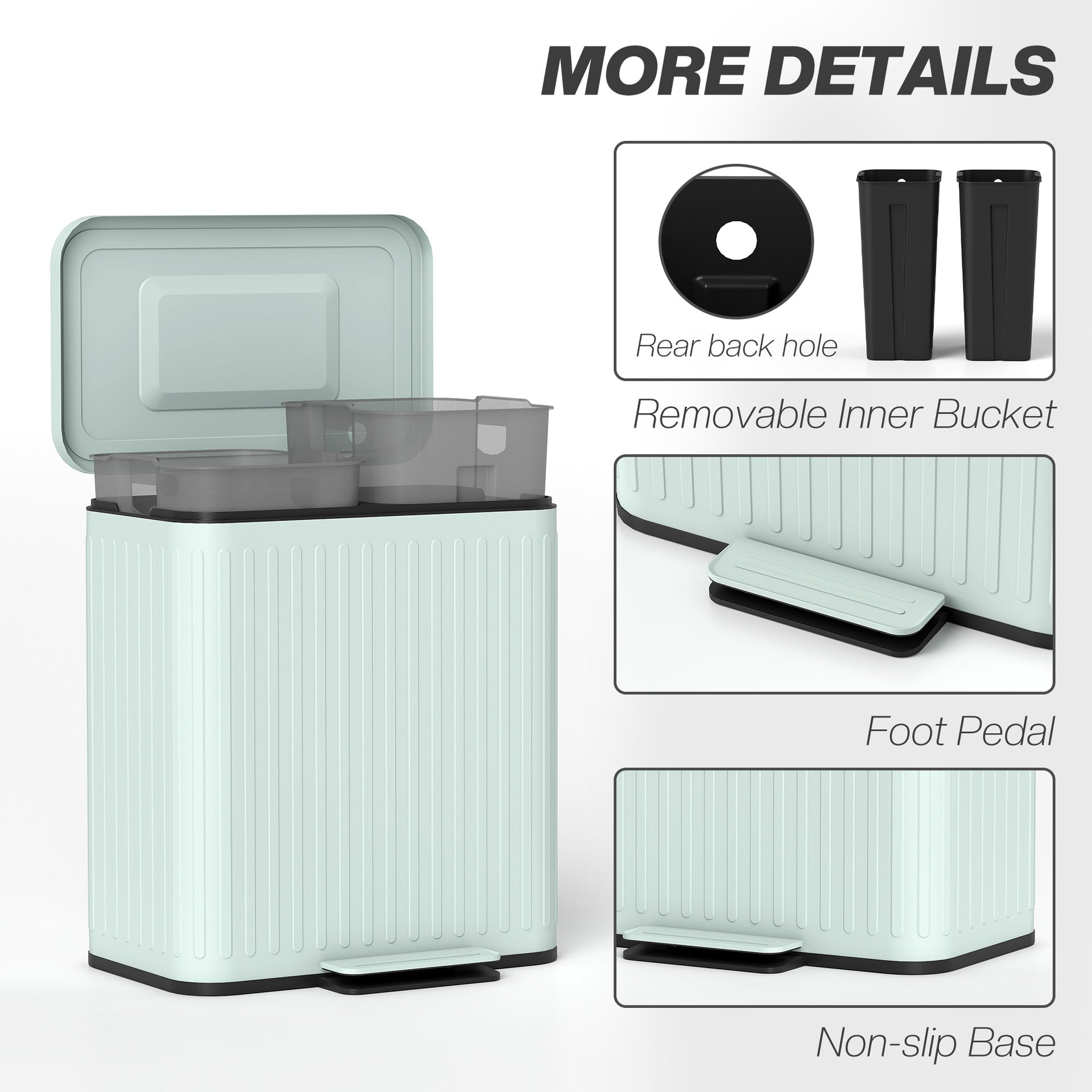 HOMCOM Trash Can with Lid, 2 x 5.3Gal Double Step-On Kitchen Trash Can with Rubbish Bags, Removable Buckets, Light Green