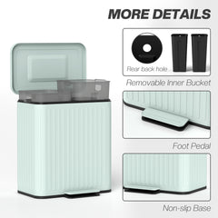 HOMCOM Trash Can with Lid, 2 x 5.3Gal Double Step-On Kitchen Trash Can with Rubbish Bags, Removable Buckets, Light Green
