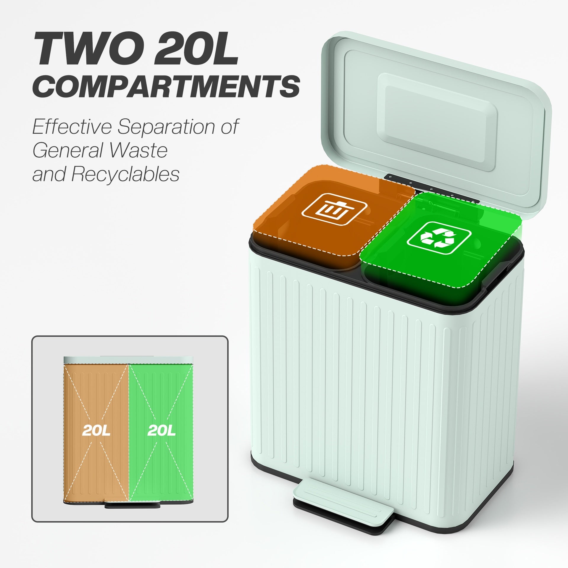 HOMCOM Trash Can with Lid, 2 x 5.3Gal Double Step-On Kitchen Trash Can with Rubbish Bags, Removable Buckets, Light Green