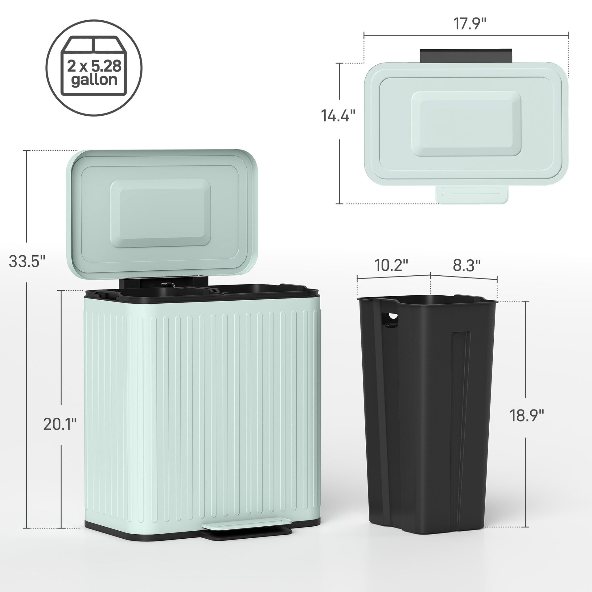 HOMCOM Trash Can with Lid, 2 x 5.3Gal Double Step-On Kitchen Trash Can with Rubbish Bags, Removable Buckets, Light Green