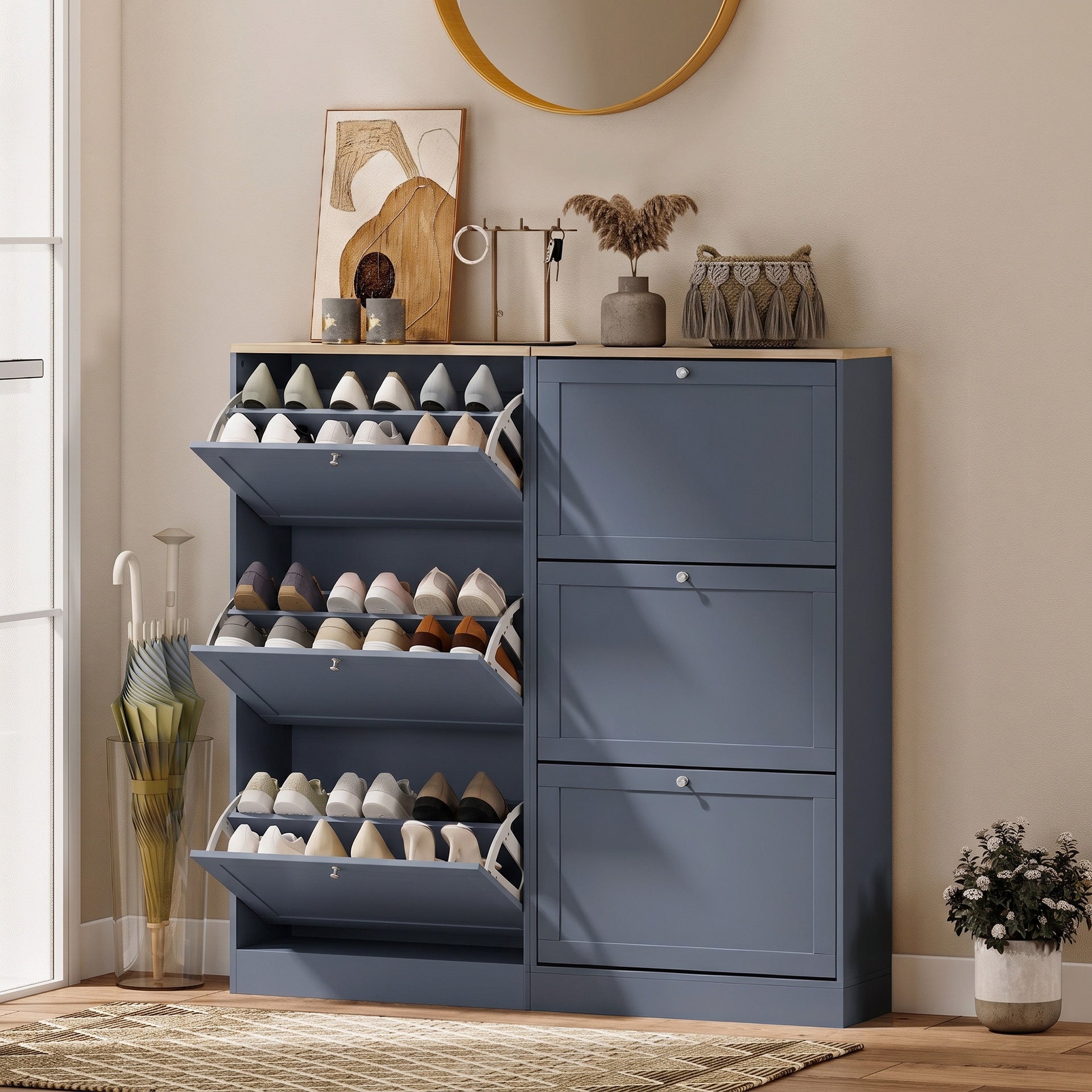 HOMCOM Modern Shoe Storage Cabinet with 3 Flip Drawers and Adjustable Shelves for 12-18 Pairs of Shoes, Blue