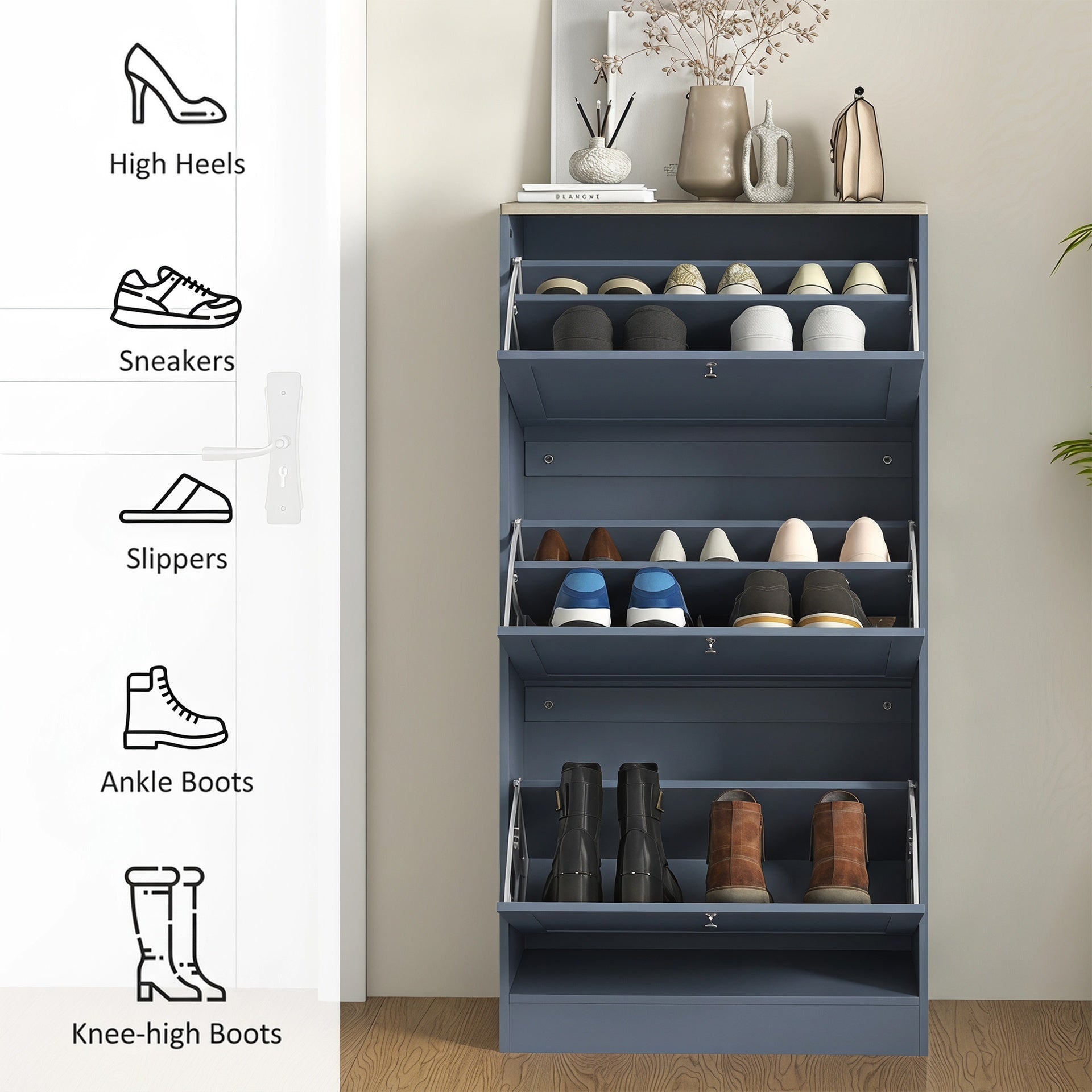 HOMCOM Modern Shoe Storage Cabinet with 3 Flip Drawers and Adjustable Shelves for 12-18 Pairs of Shoes, Blue