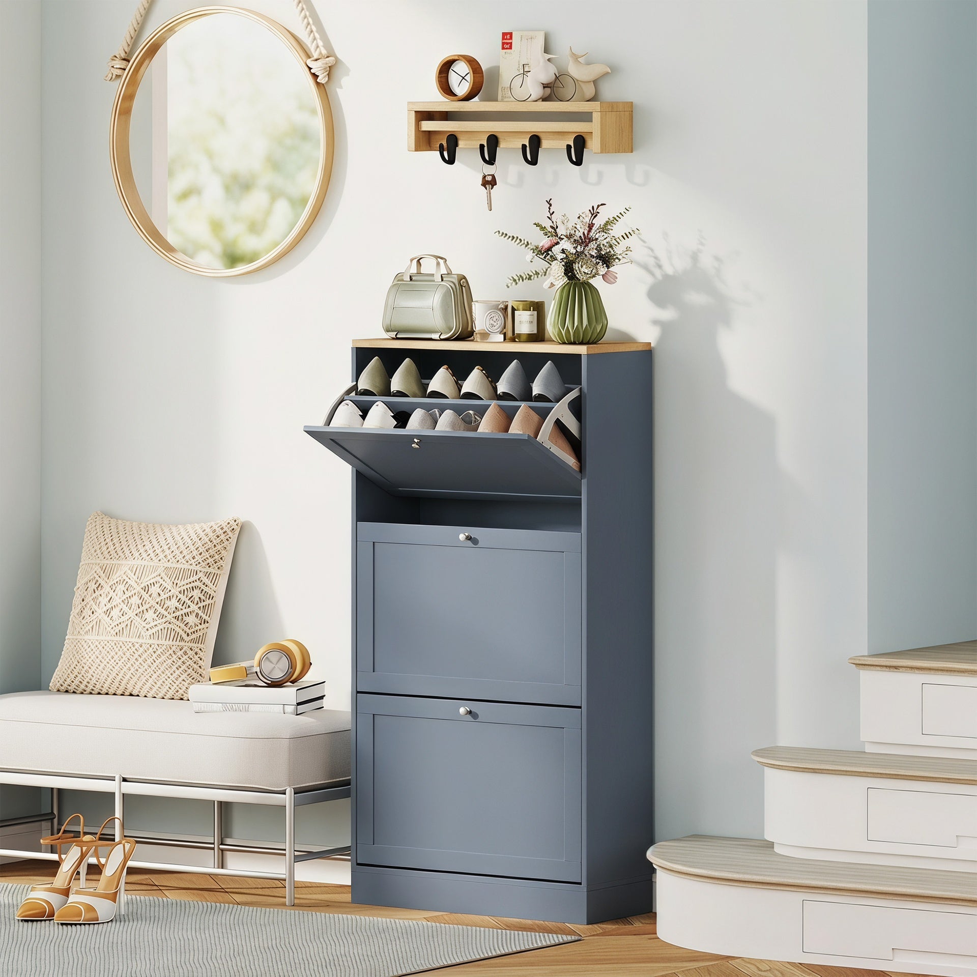 HOMCOM Modern Shoe Storage Cabinet with 3 Flip Drawers and Adjustable Shelves for 12-18 Pairs of Shoes, Blue