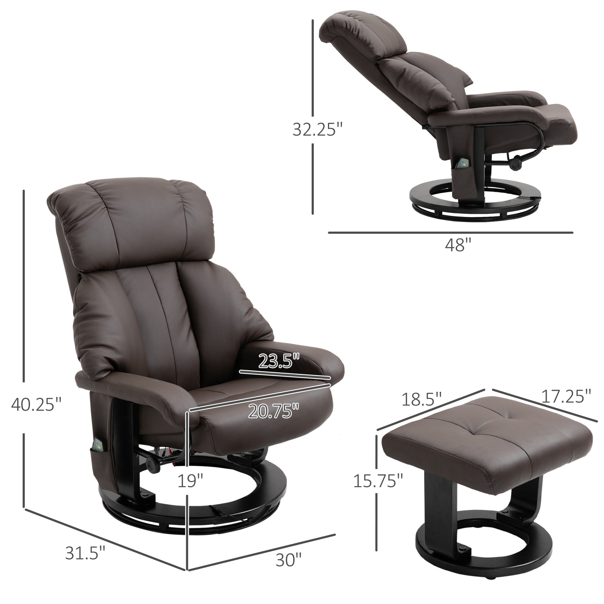 HOMCOM Massage Recliner Chair with Ottoman, 360° Swivel Recliner and Footstool, 10-Point Vibration, Brown