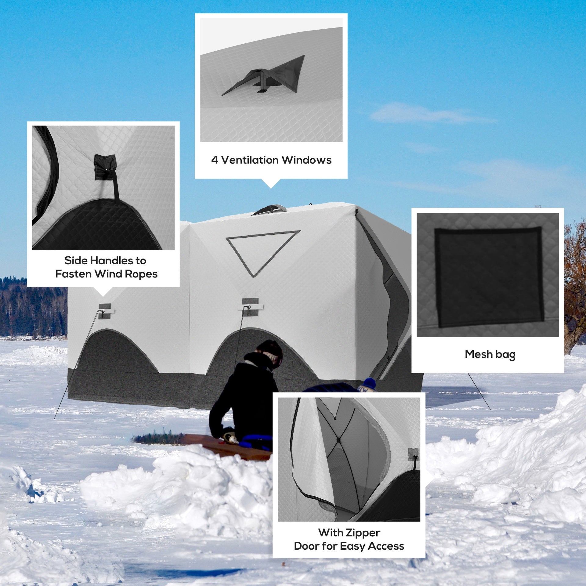Outsunny 5-8 Person Ice Fishing Shelter, Pop-Up Ice Shanty Tent, Insulated Portable Tent with 2 Doors & Carrying Bag, Light Gray