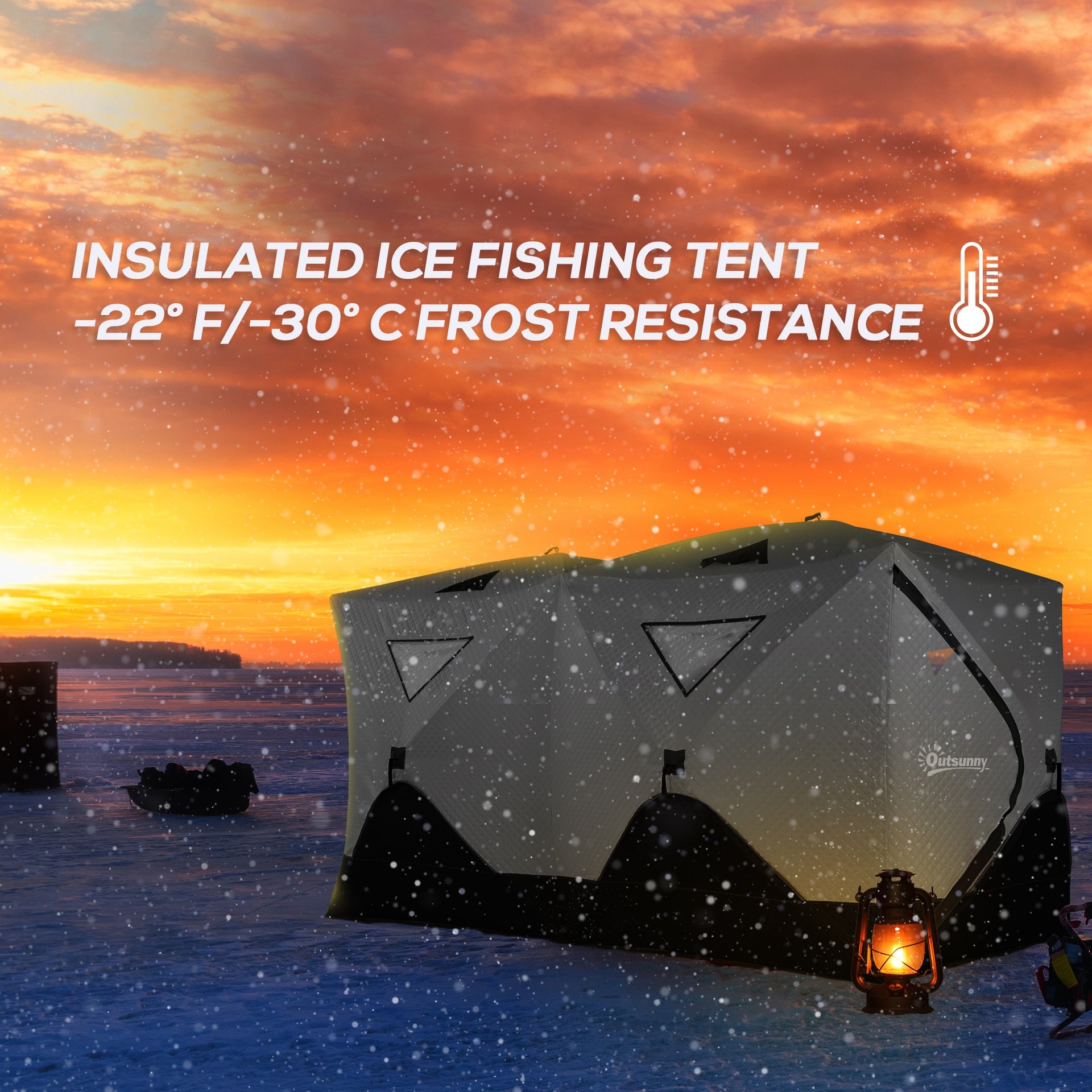 Outsunny 5-8 Person Ice Fishing Shelter, Pop-Up Ice Shanty Tent, Insulated Portable Tent with 2 Doors & Carrying Bag, Light Gray
