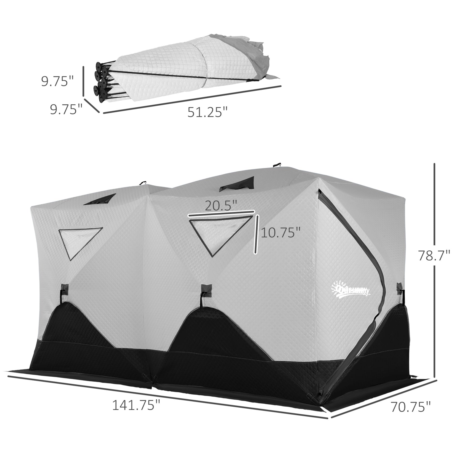 Outsunny 5-8 Person Ice Fishing Shelter, Pop-Up Ice Shanty Tent, Insulated Portable Tent with 2 Doors & Carrying Bag, Light Gray