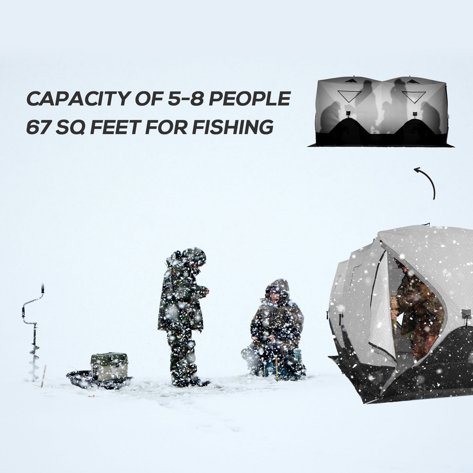 Outsunny 5-8 Person Ice Fishing Shelter, Pop-Up Ice Shanty Tent, Insulated Portable Tent with 2 Doors & Carrying Bag, Light Gray
