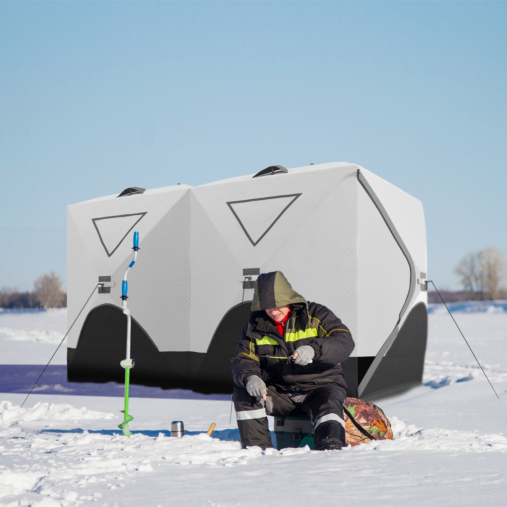 Outsunny 5-8 Person Ice Fishing Shelter, Pop-Up Ice Shanty Tent, Insulated Portable Tent with 2 Doors & Carrying Bag, Light Gray