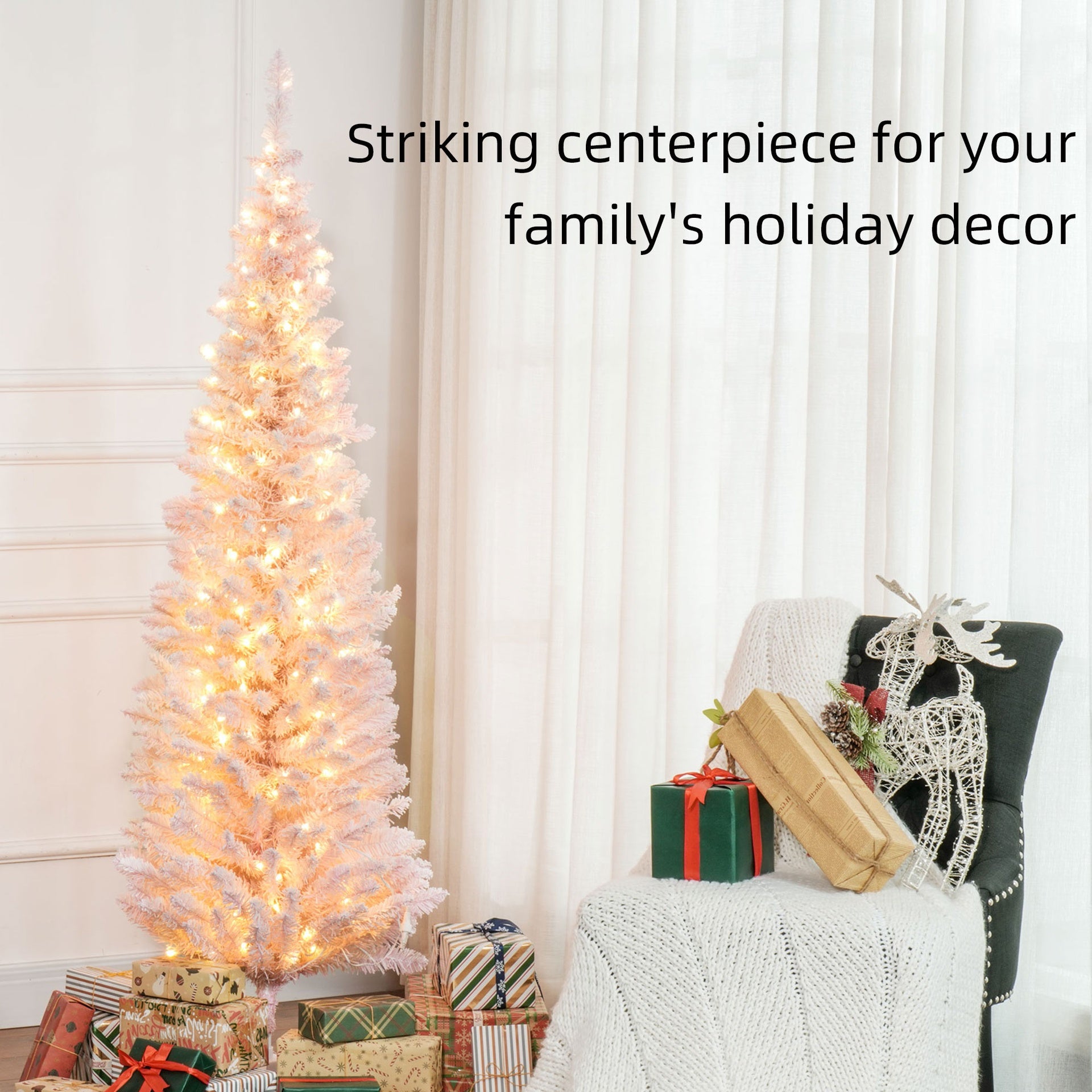 HOMCOM 6ft Pencil Christmas Tree, Slim Artificial Christmas Tree with Realistic Branches and Warm White LED Lights, Pink