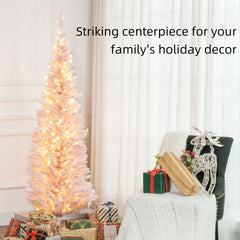 HOMCOM 6ft Pencil Christmas Tree, Slim Artificial Christmas Tree with Realistic Branches and Warm White LED Lights, Pink