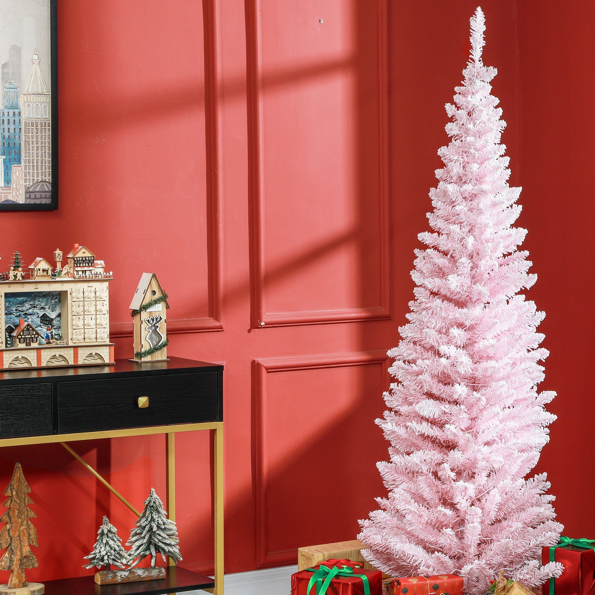 HOMCOM 6ft Pencil Christmas Tree, Slim Artificial Christmas Tree with Realistic Branches and Warm White LED Lights, Pink